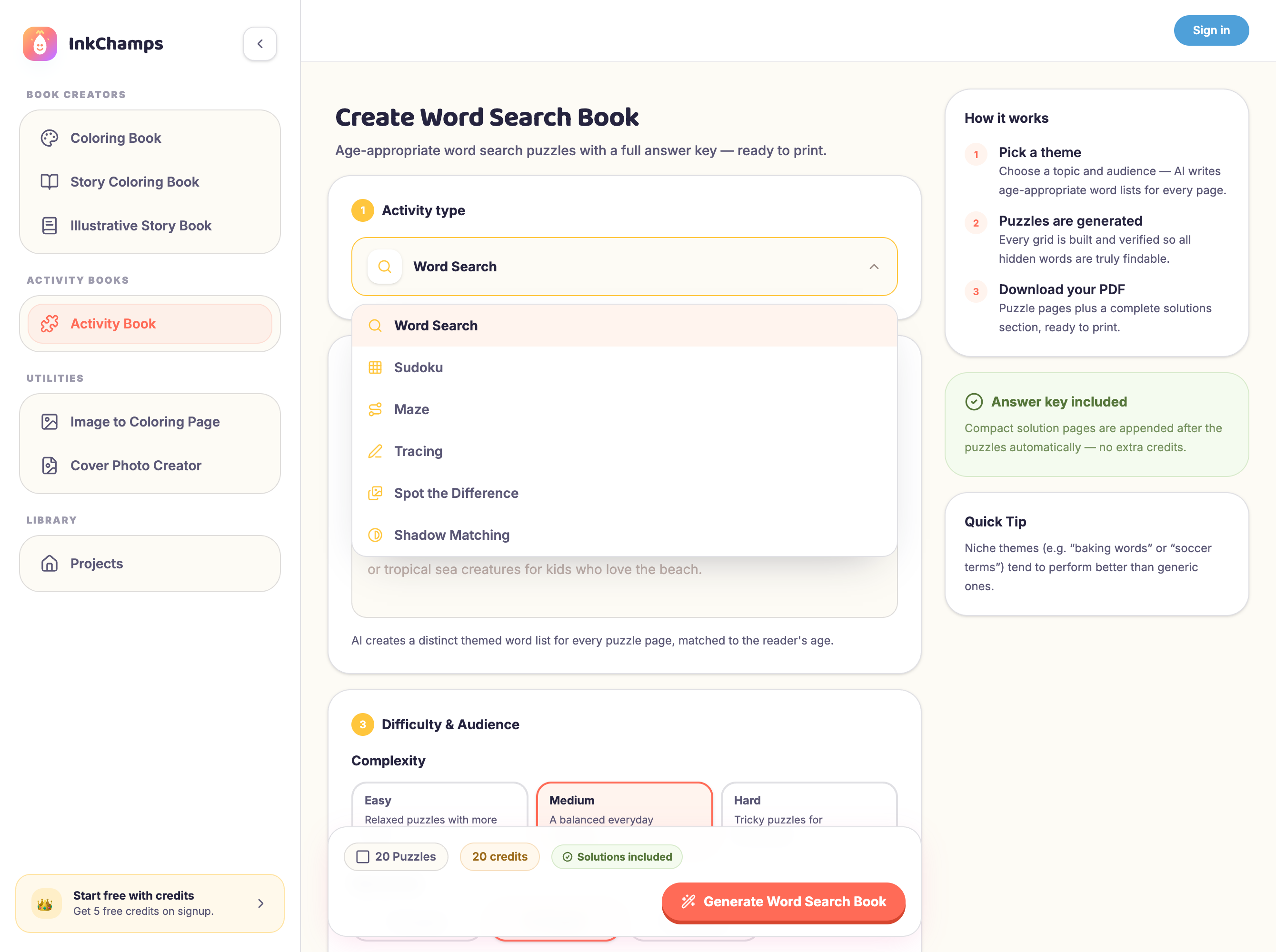 Activity type dropdown showing Word Search, Sudoku, Maze, Tracing, Spot the Difference, and Shadow Matching