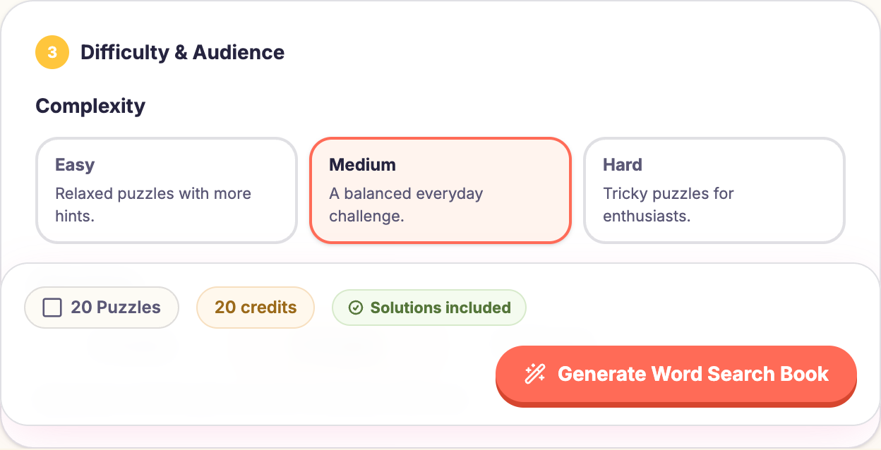 Difficulty and audience settings showing Easy, Medium, and Hard complexity options
