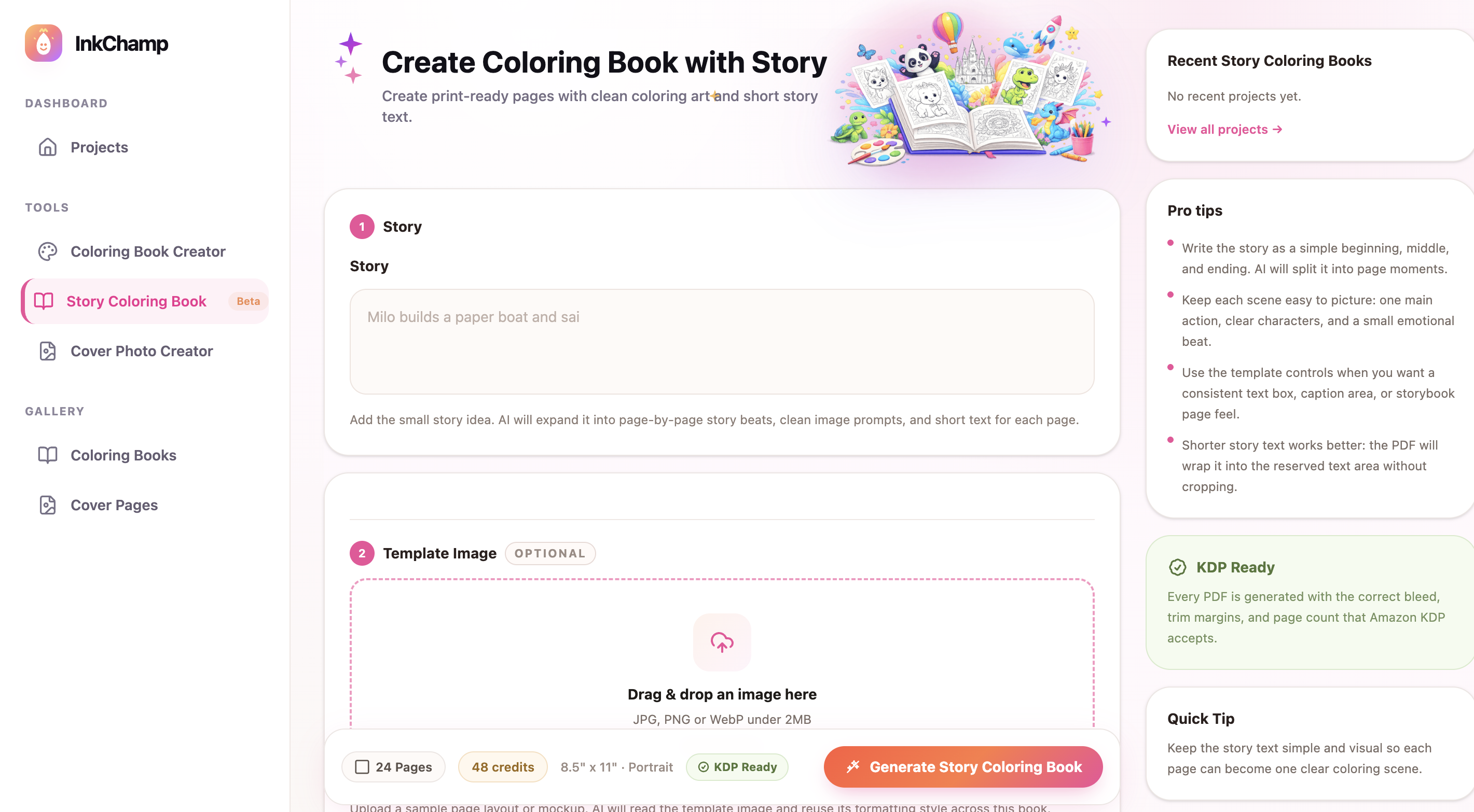 Create screen for making a coloring book with story online in InkChamps