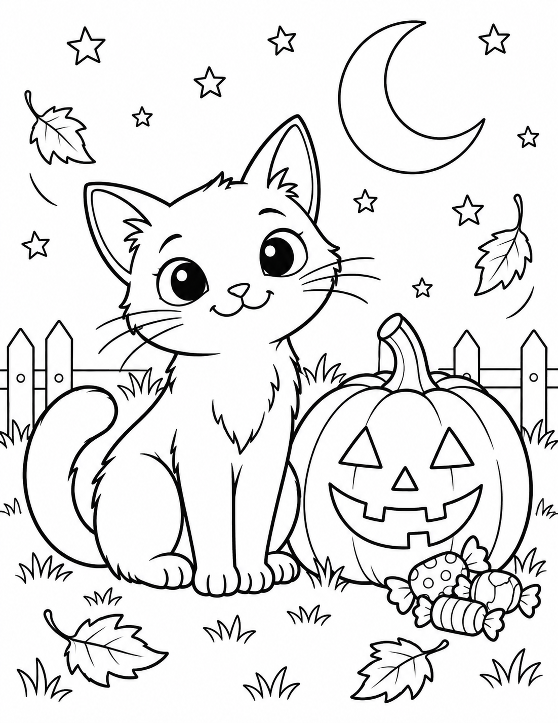 Halloween coloring page with a friendly black cat and pumpkin