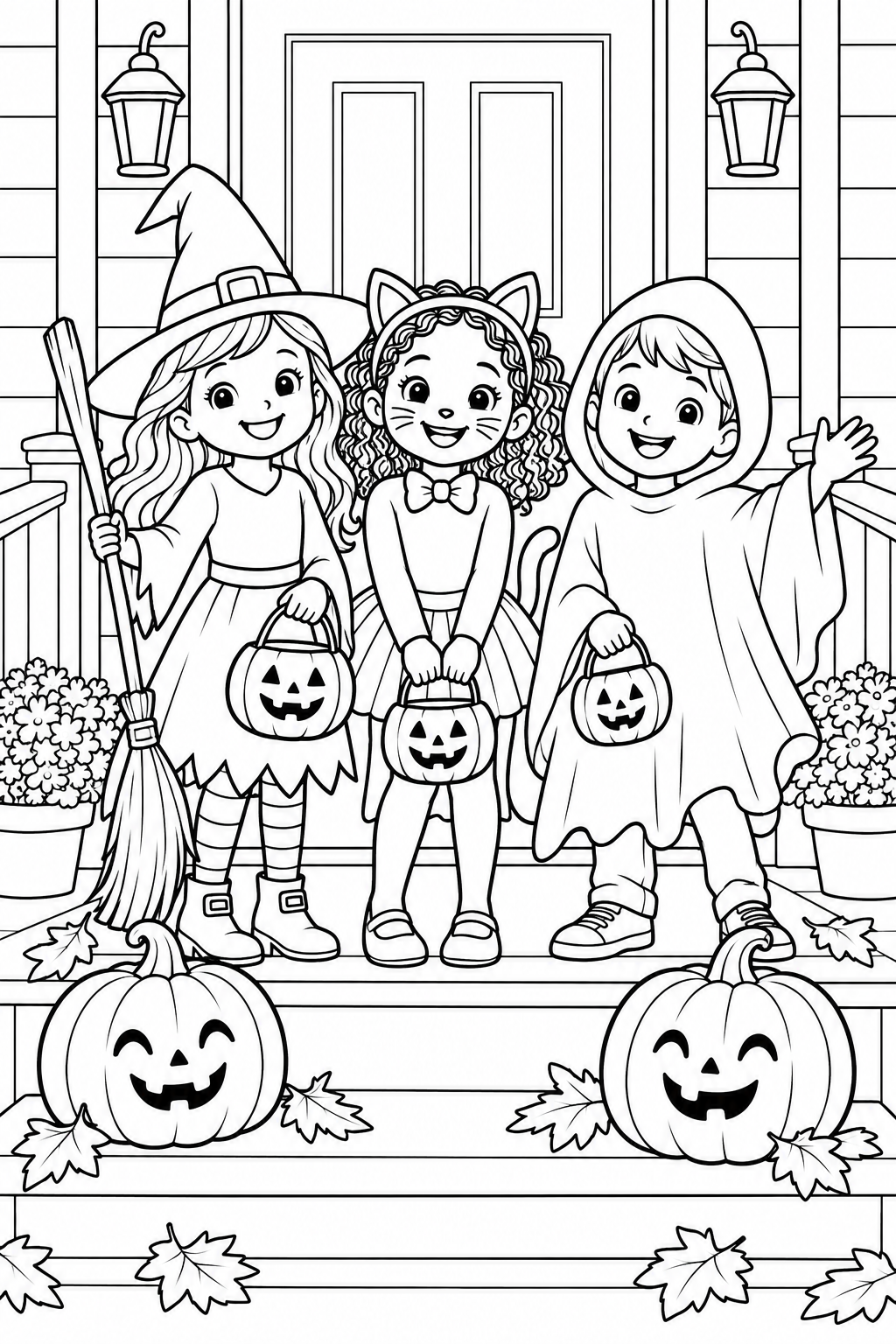 Halloween coloring page with three children in friendly Halloween costumes
