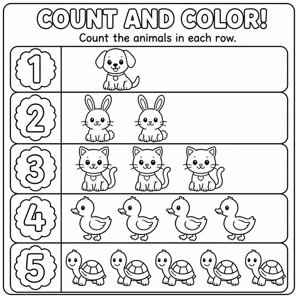 Count and color homeschool coloring page with animals to count in each row