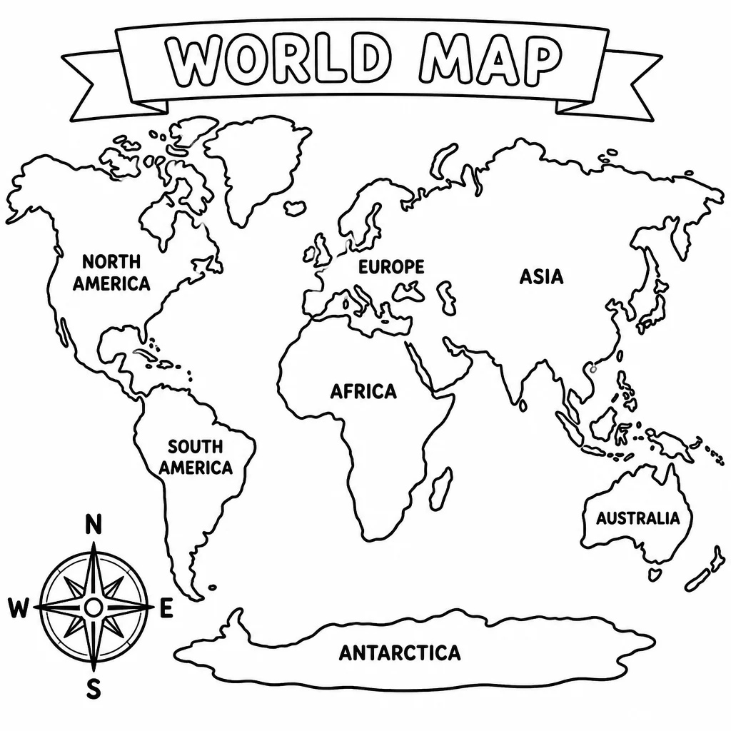 World map homeschool coloring page labeled with continents and a compass rose