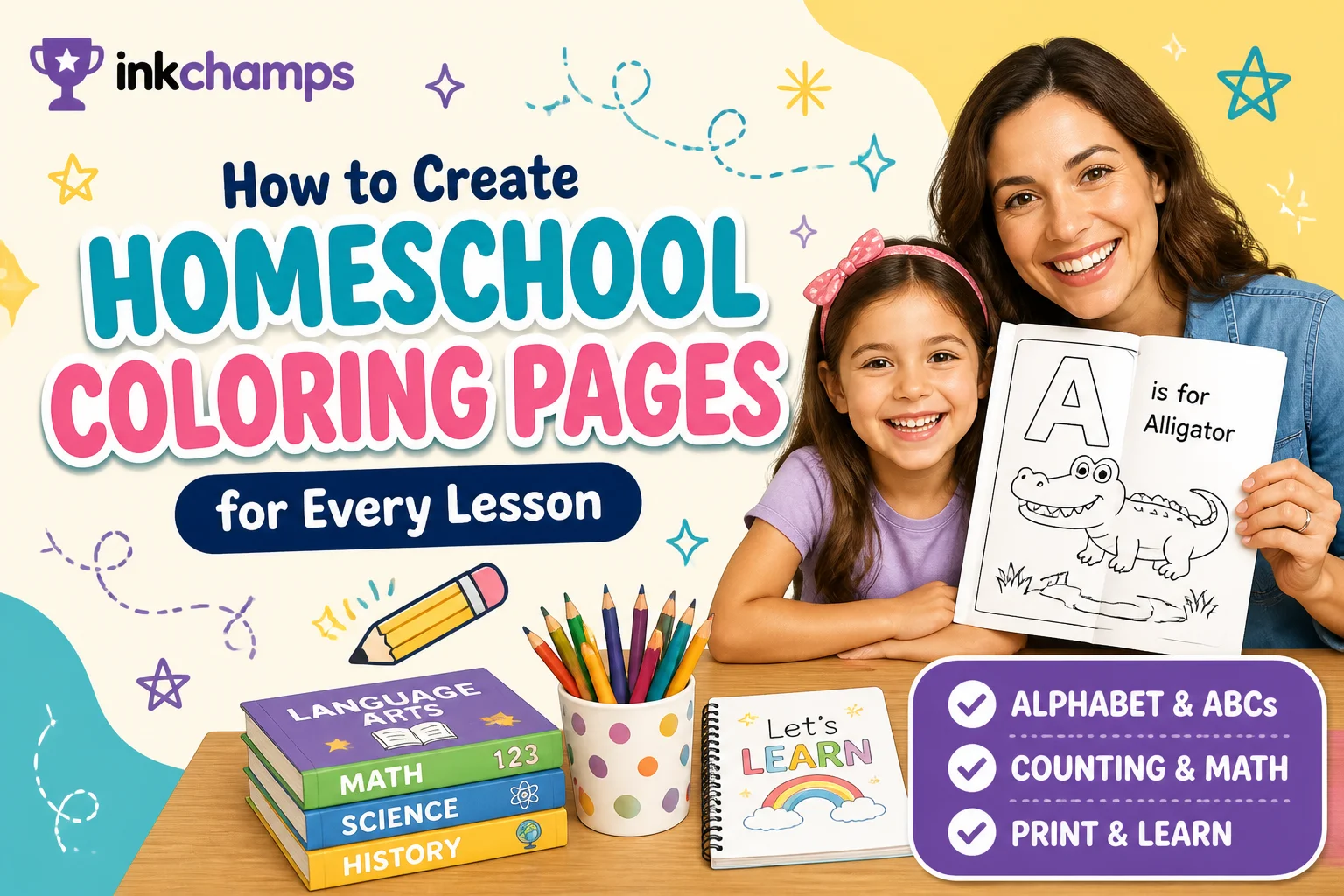 Homeschool coloring pages created with InkChamps, showing an alphabet letter page