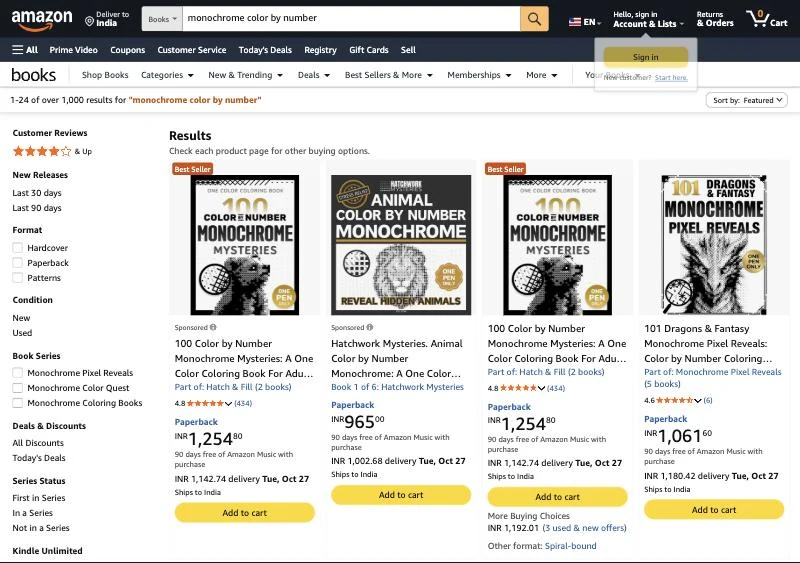 Amazon search results for monochrome color by number, with two Best Seller badges