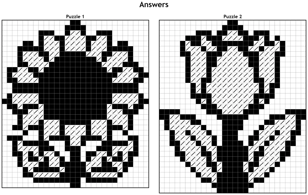 The answer page for the flower book, showing the finished sunflower and tulip