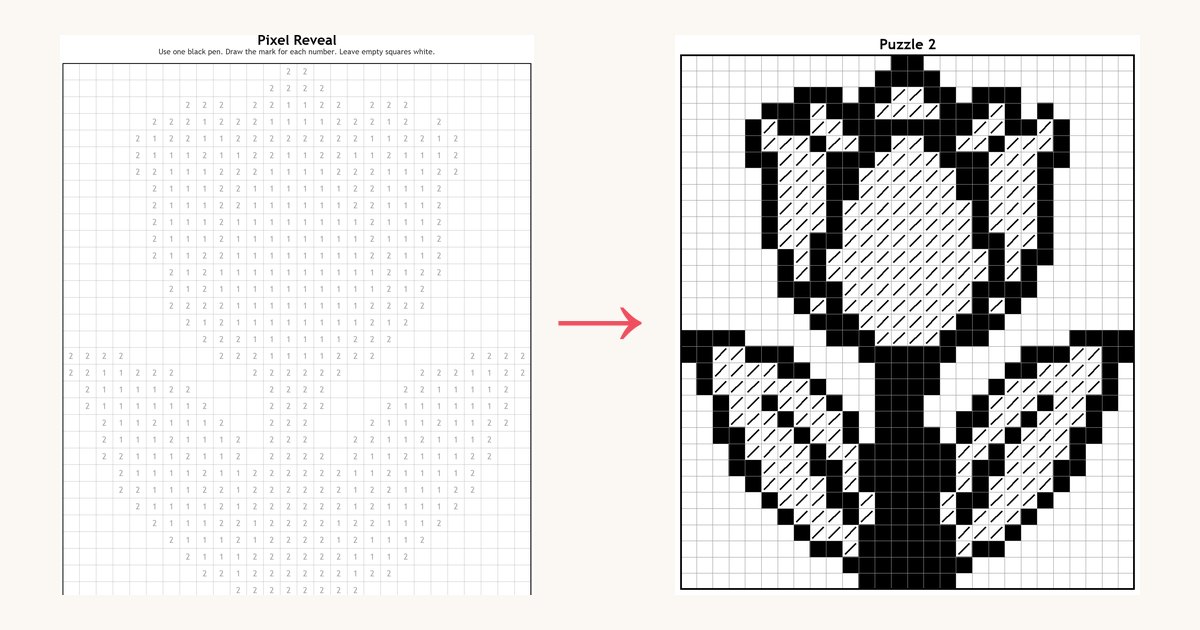 Left: a grid of numbered squares. Right: the same grid filled in with one black pen, showing a tulip