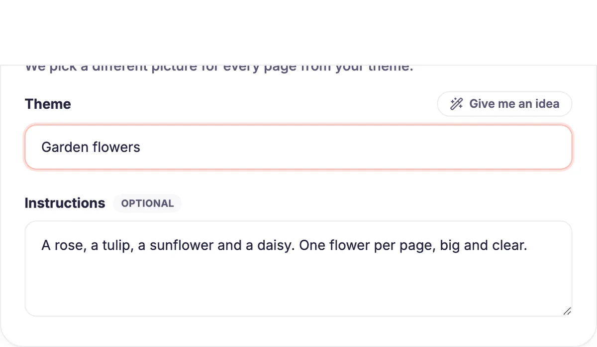 Step 1 in InkChamps Pixel Reveal: the theme set to Garden flowers, with optional instructions