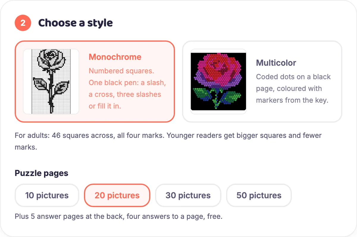 Step 2 in InkChamps Pixel Reveal: Monochrome selected for adults, with 20 pictures and 5 answer pages