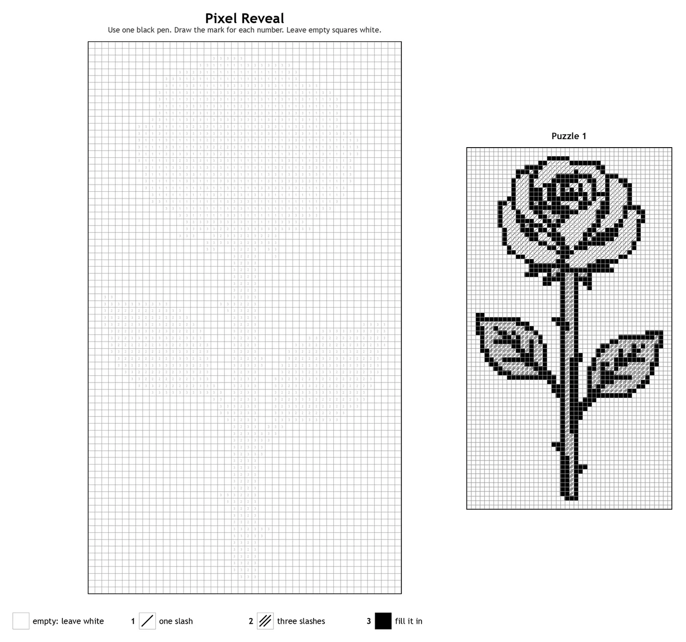 A monochrome rose puzzle, 46 squares across, next to its answer