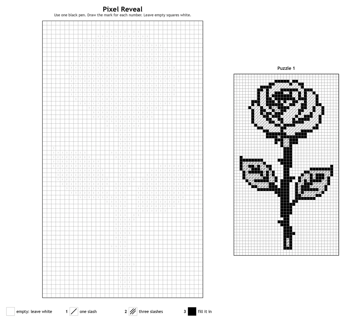 The same monochrome rose puzzle with a 36-square grid, next to its answer