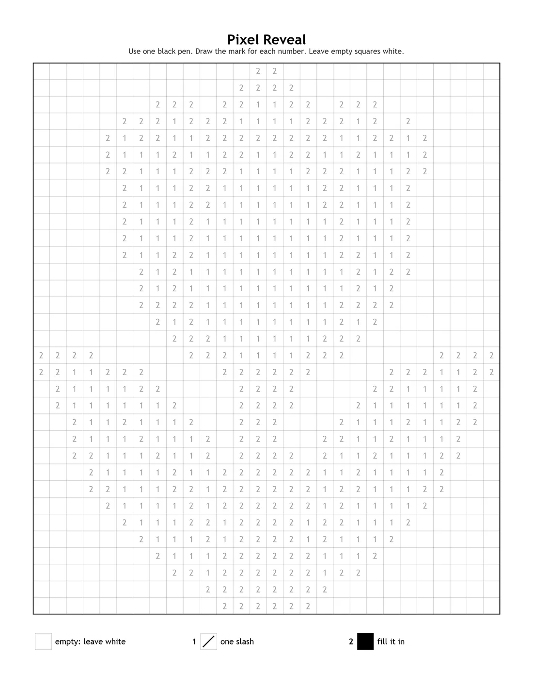 A monochrome pixel reveal puzzle page of a hidden tulip with a two-mark key