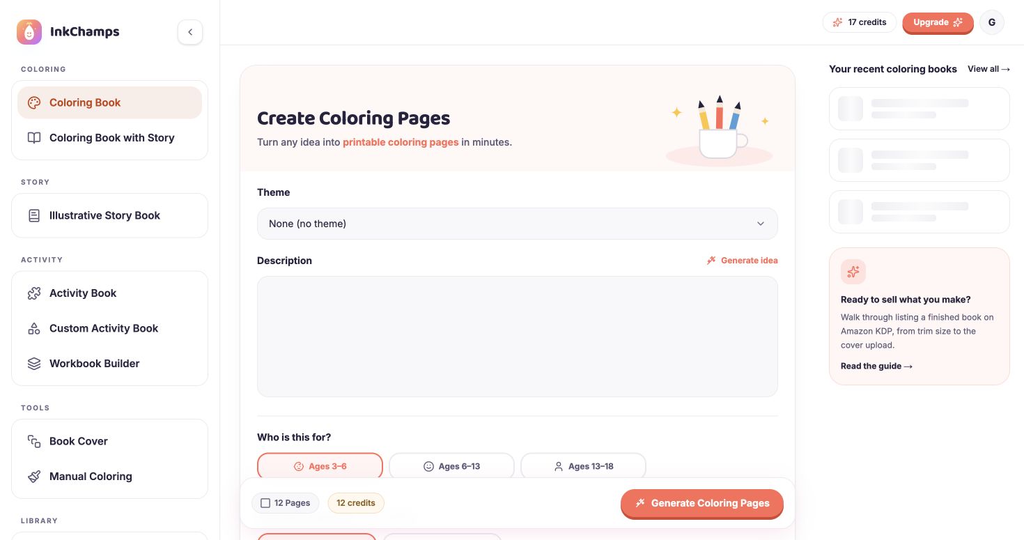 InkChamps Coloring Book creator showing the theme, description, age, and page controls