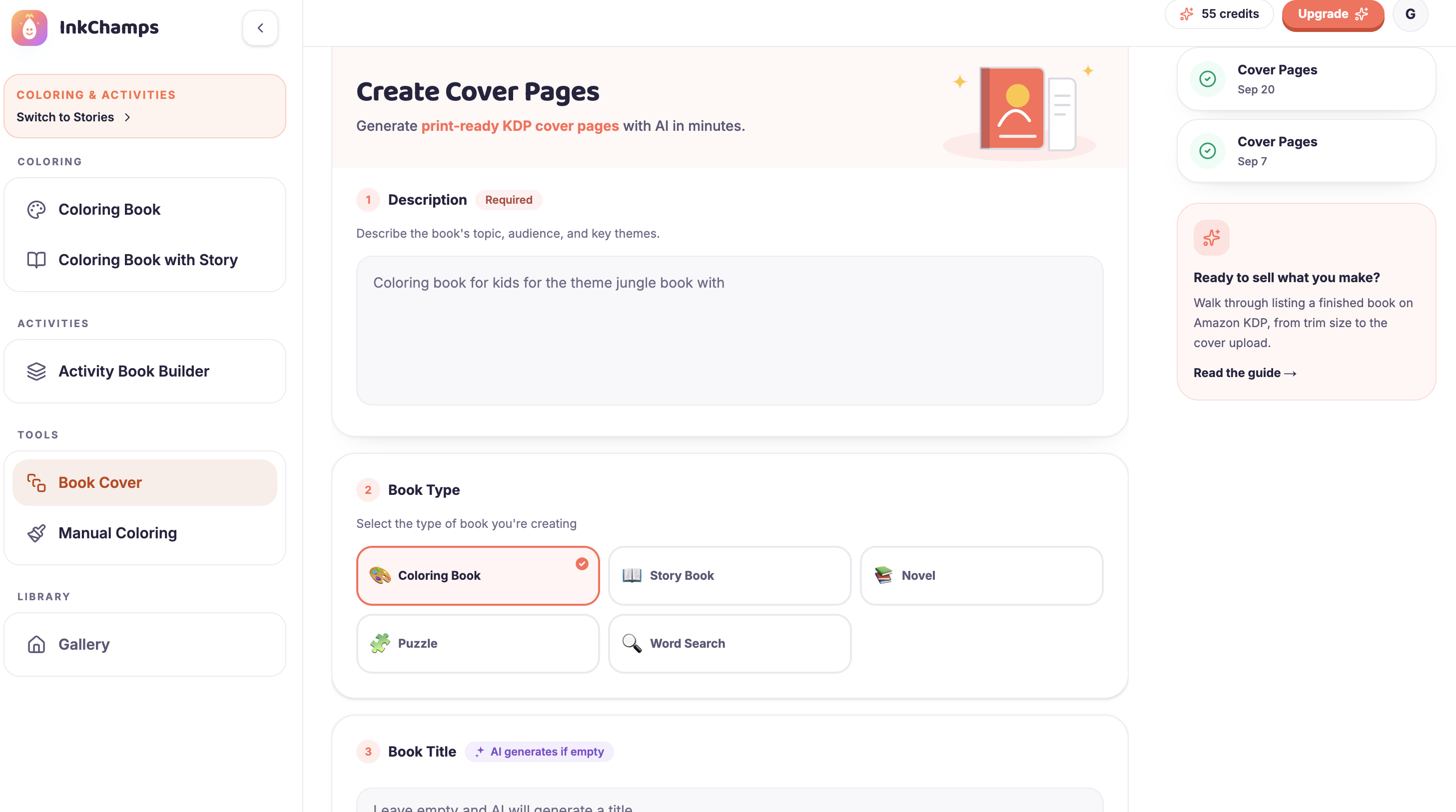 InkChamps Create Cover Pages form with the book description and Coloring Book option selected