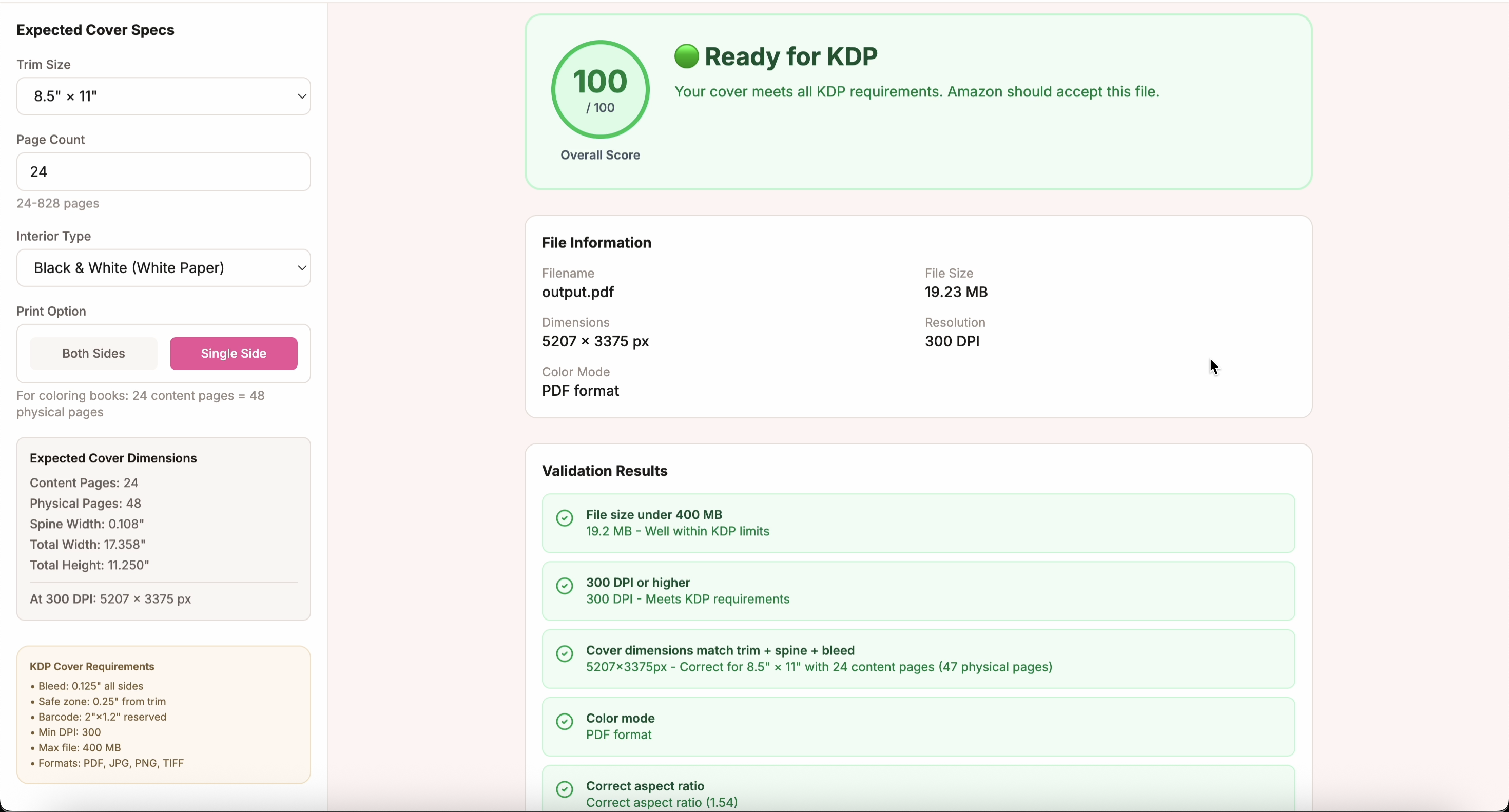 KDP cover validator showing a 100 out of 100 ready result for a coloring book cover