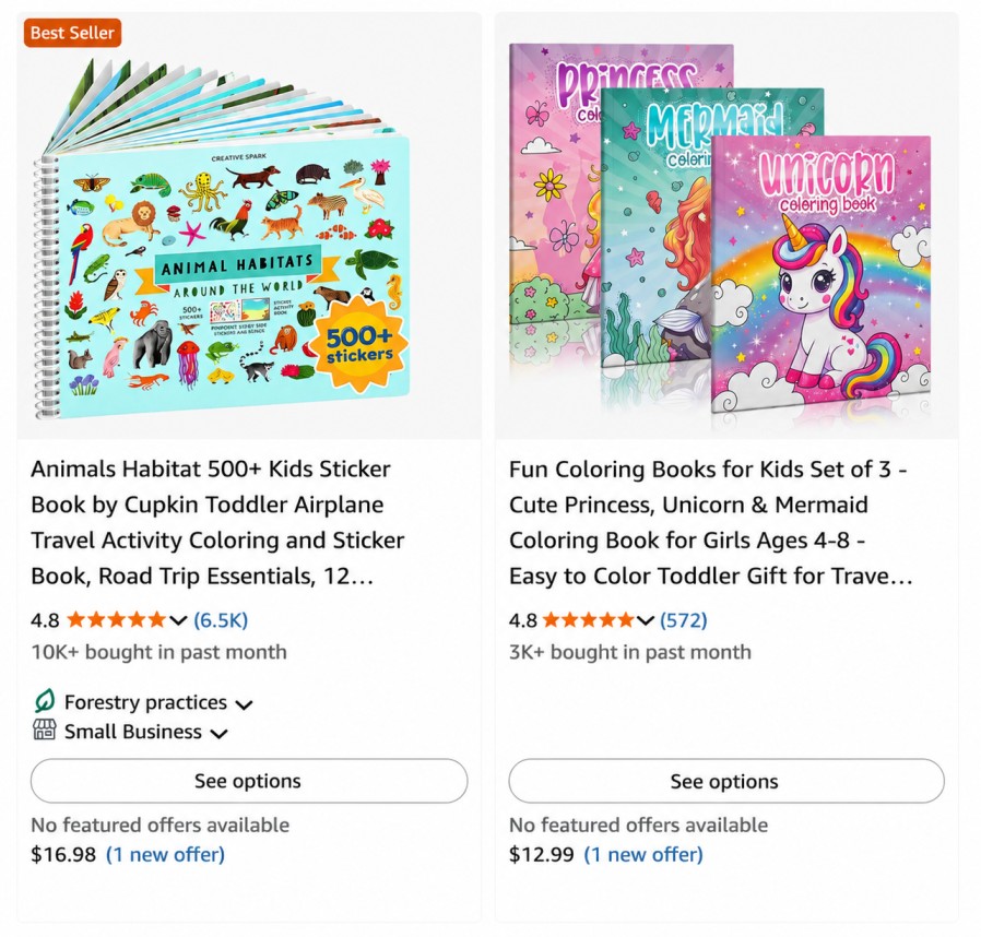Amazon listings showing 10K+ and 3K+ bought in the past month for kids activity and coloring books