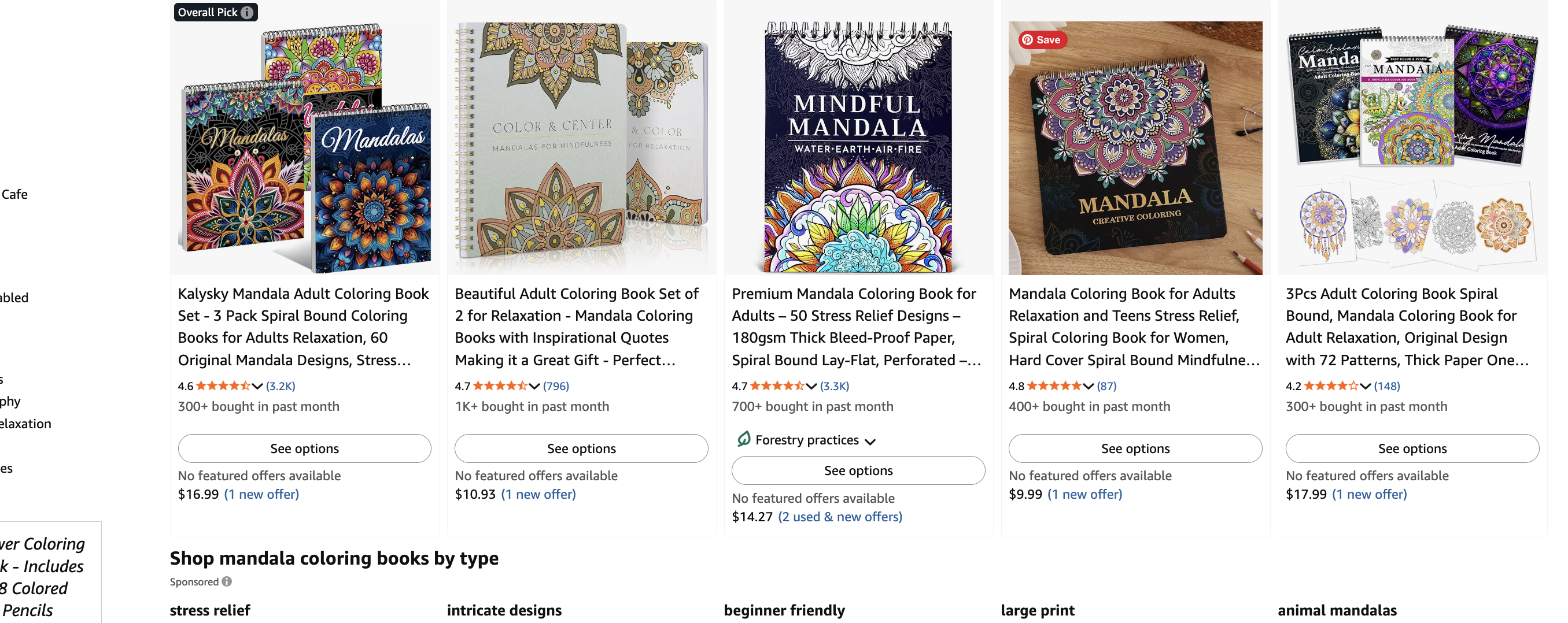 Amazon mandala coloring book listings showing demand spread across several products