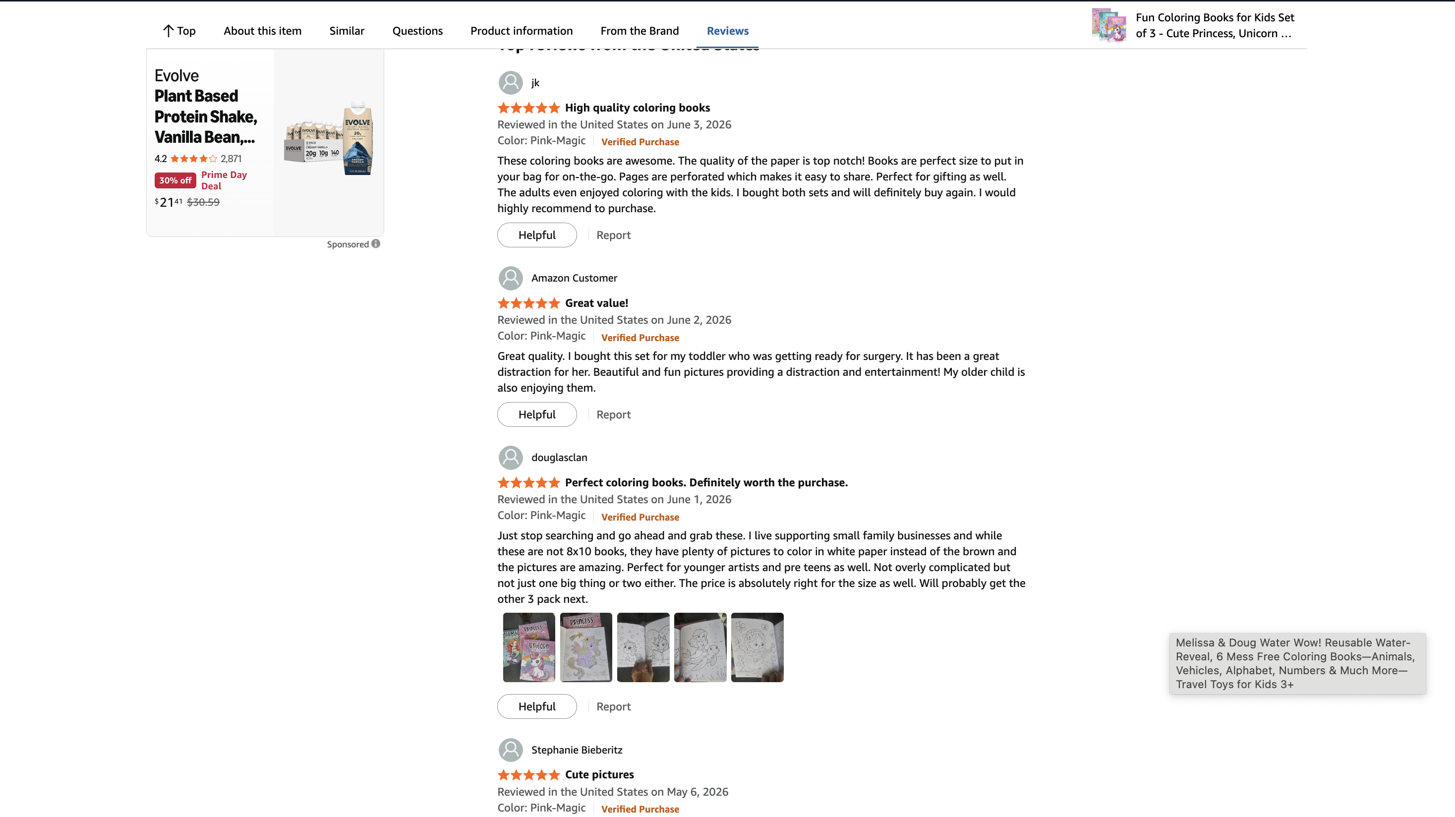 Amazon coloring book reviews showing verified purchases from June 2026