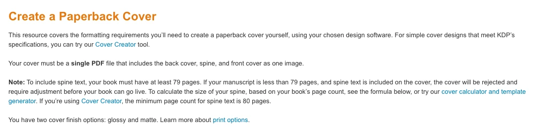 Amazon KDP Create a Paperback Cover help page: to include spine text, your book must have at least 79 pages, and 80 pages if using Cover Creator