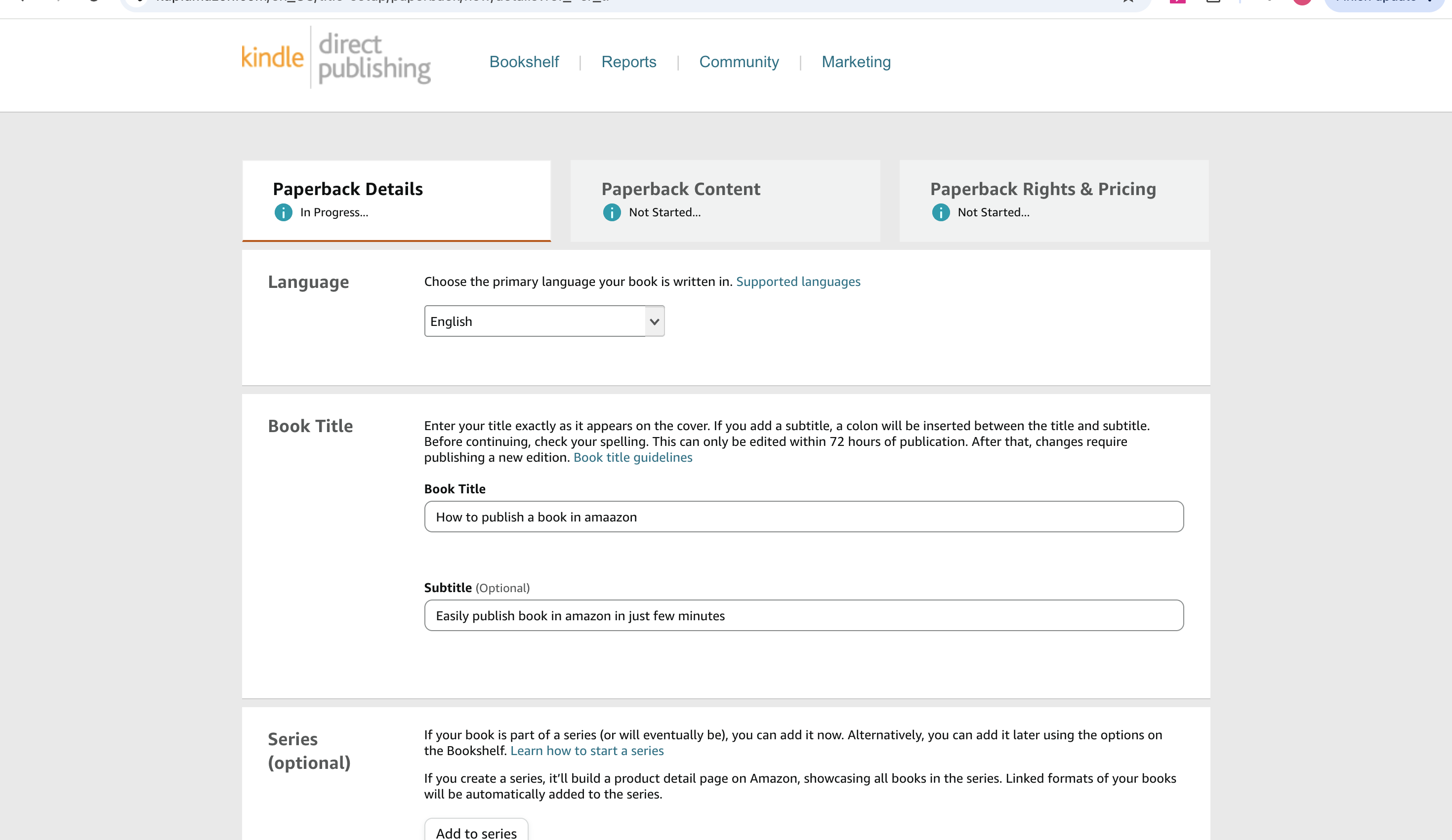 KDP Paperback Details tab showing title, subtitle, and metadata fields