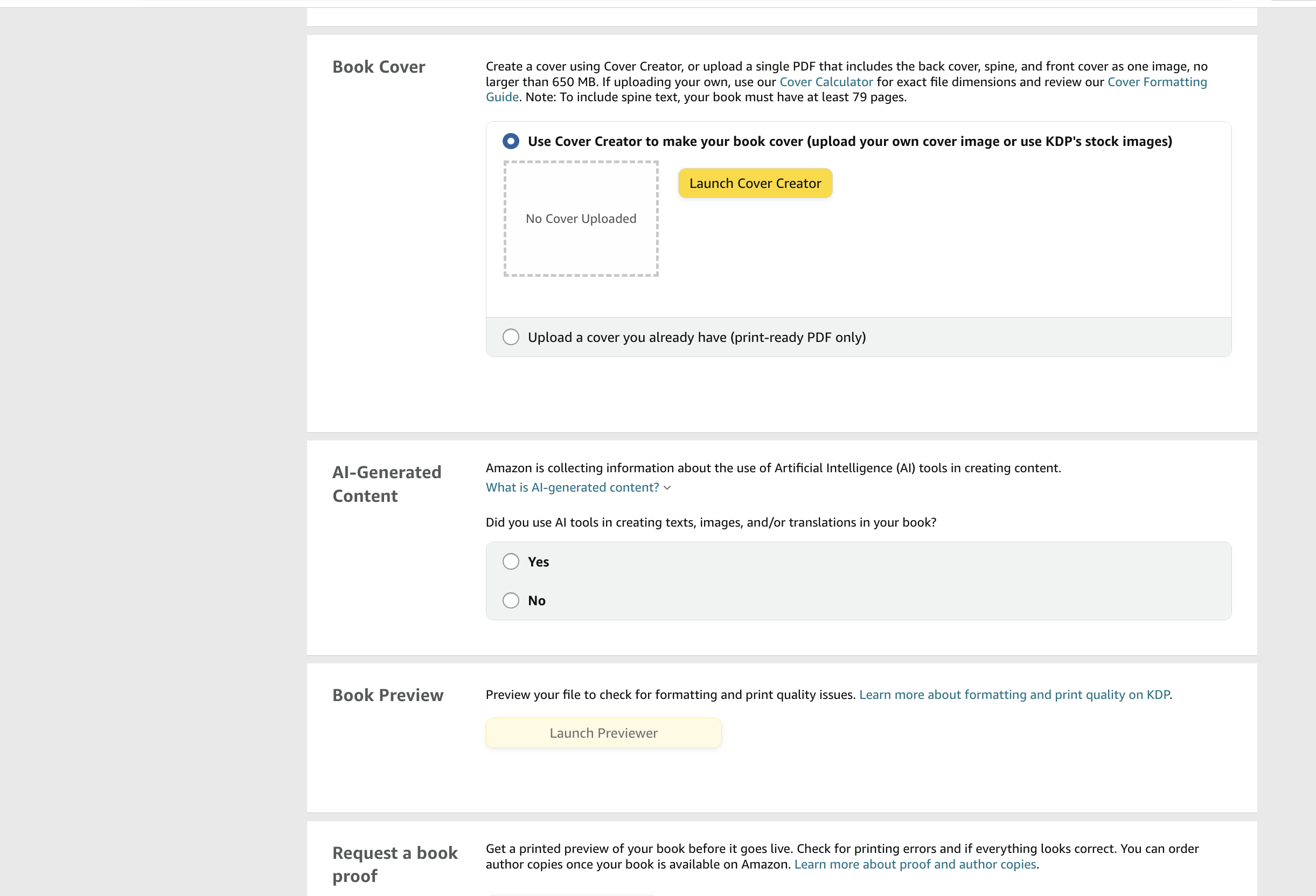 KDP content upload screen showing interior file upload, ISBN, and cover upload options