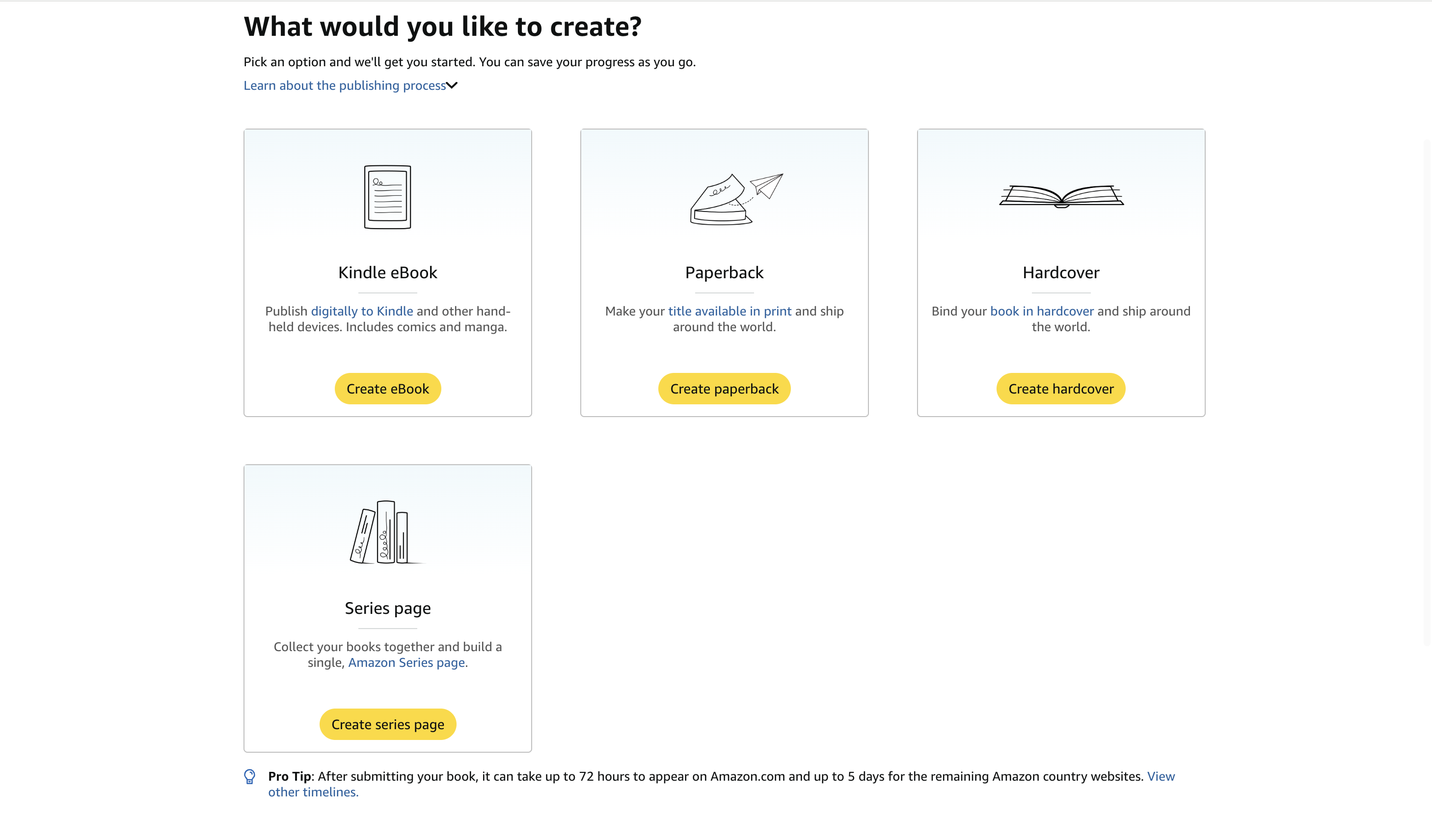 KDP format selection screen showing Kindle eBook, Paperback, and Hardcover options