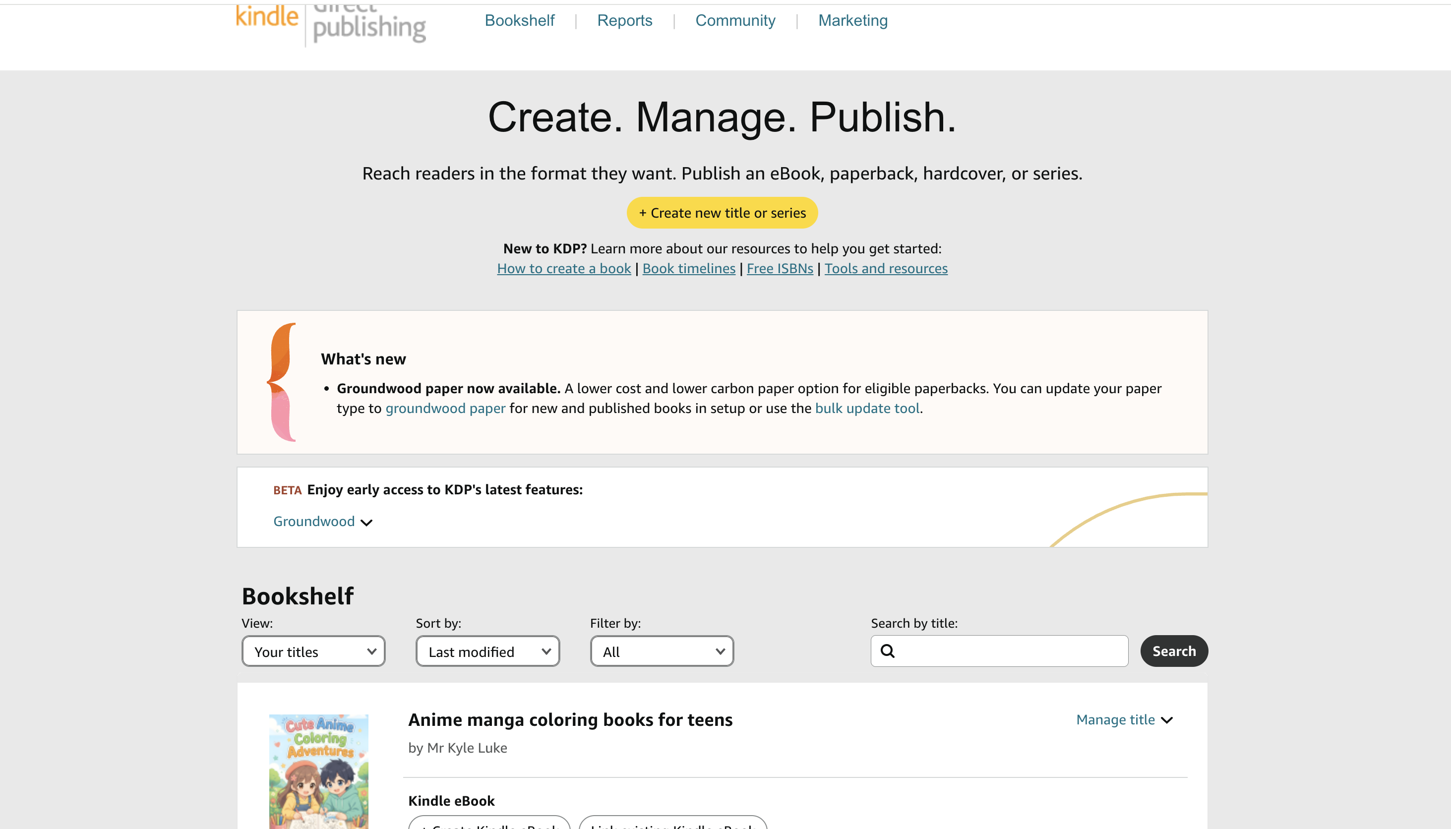 KDP Bookshelf dashboard showing the yellow Create new title button