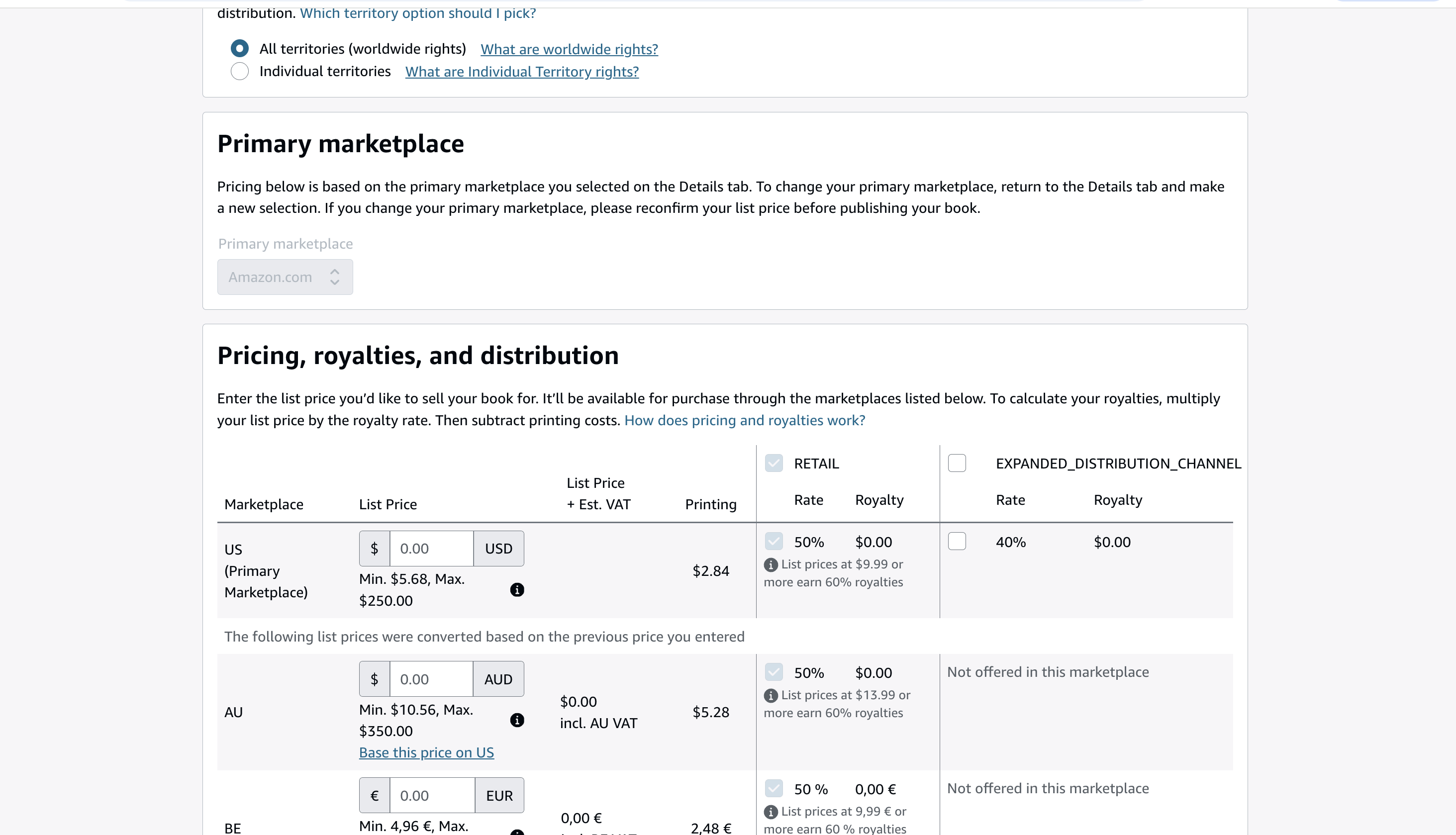 KDP pricing tab showing territories, list price, royalty rate, and expanded distribution settings
