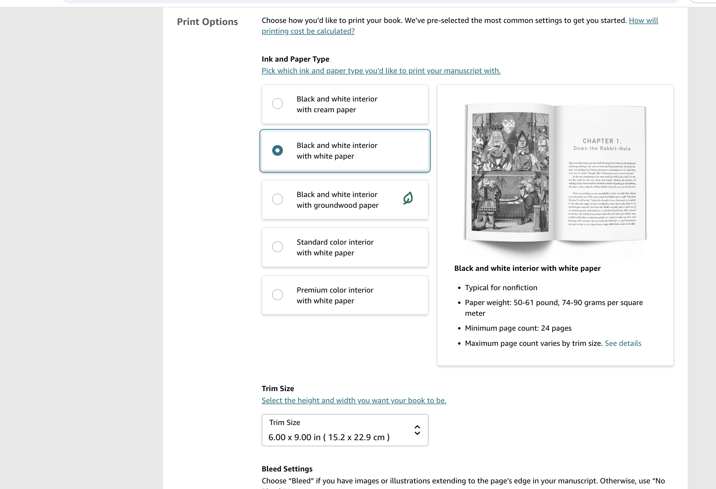 KDP print options showing ink type, trim size, and bleed settings for a coloring book