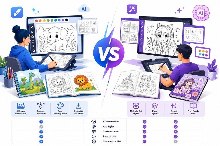 Comparison infographic showing Midjourney vs InkChamps for coloring book creation with feature highlights