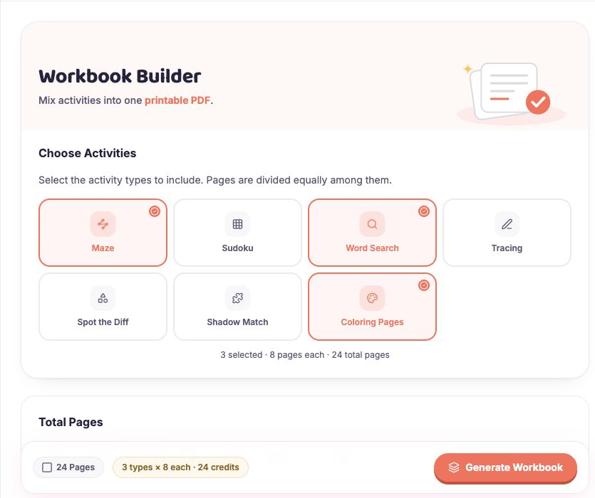 The current Workbook Builder showing the activity choices for a mixed kids activity book