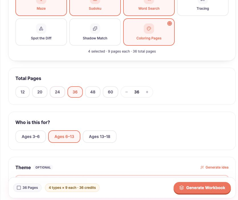 The current Workbook Builder showing page count and audience settings for a kids activity book