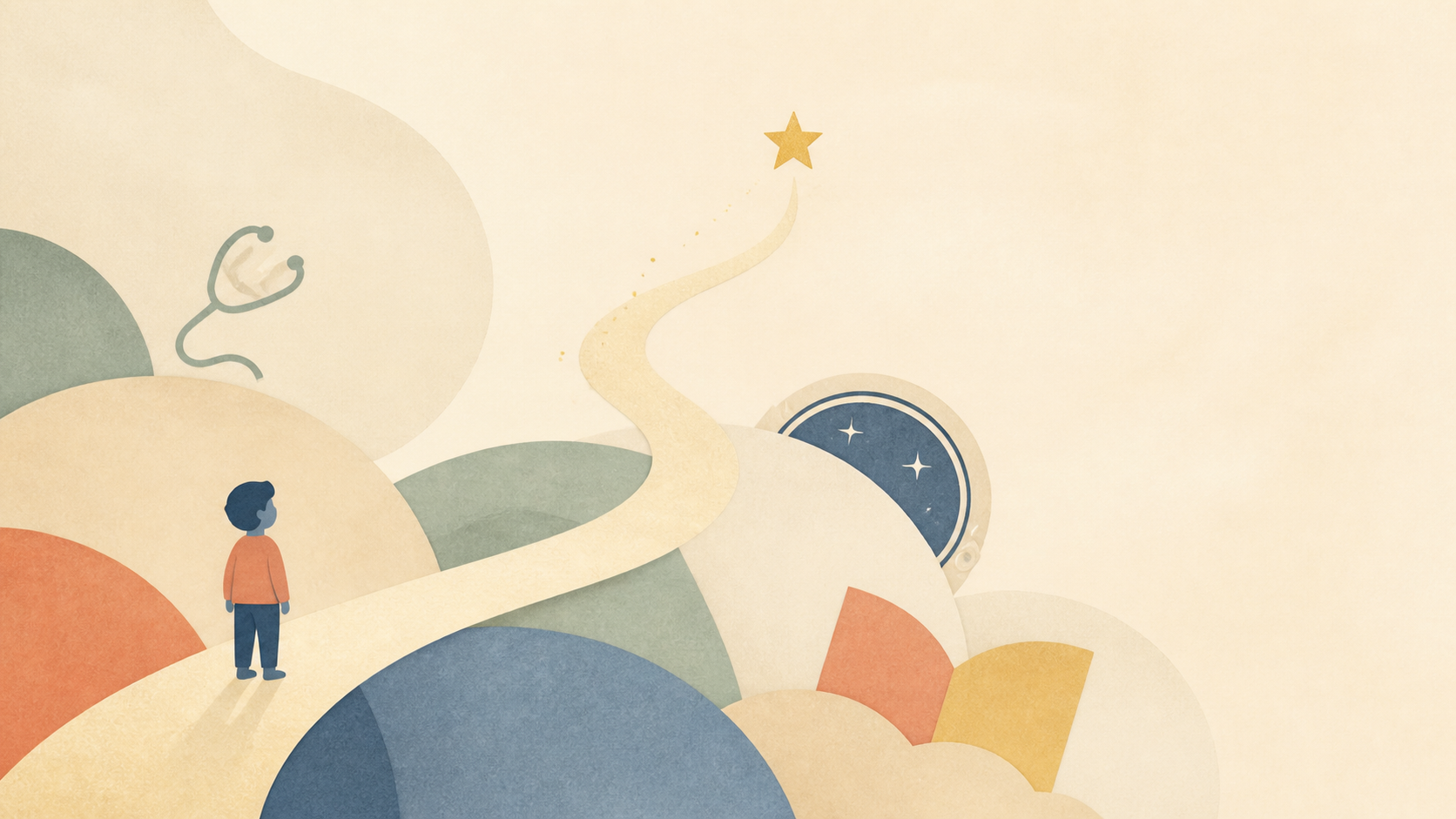 An abstract paper collage of a child following a winding path toward a star, with subtle symbols of medicine, books, and space