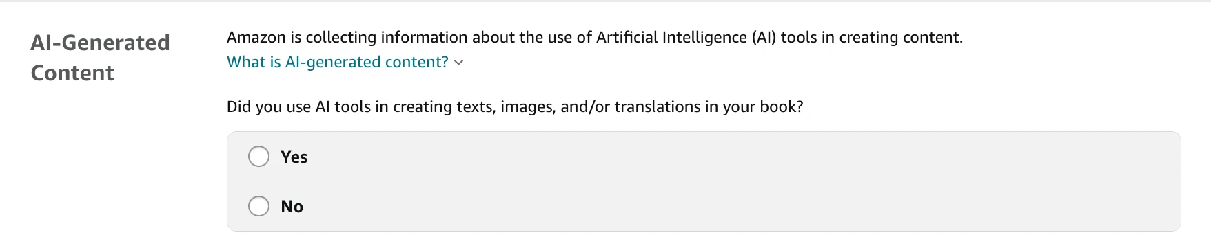 KDP Paperback Content page showing the AI-Generated Content section asking: Did you use AI tools in creating texts, images, and/or translations in your book? Yes or No