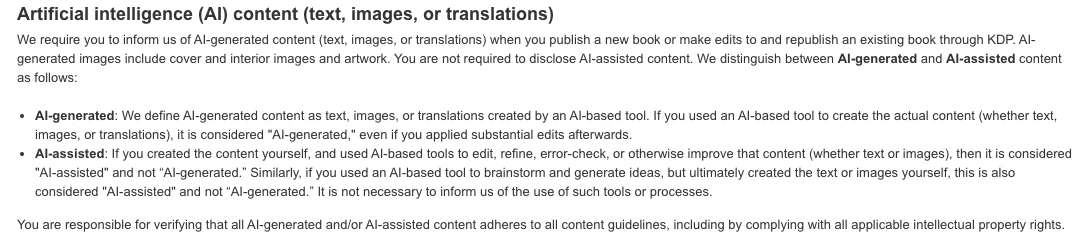 Amazon KDP Content Guidelines section on artificial intelligence content, defining AI-generated and AI-assisted content