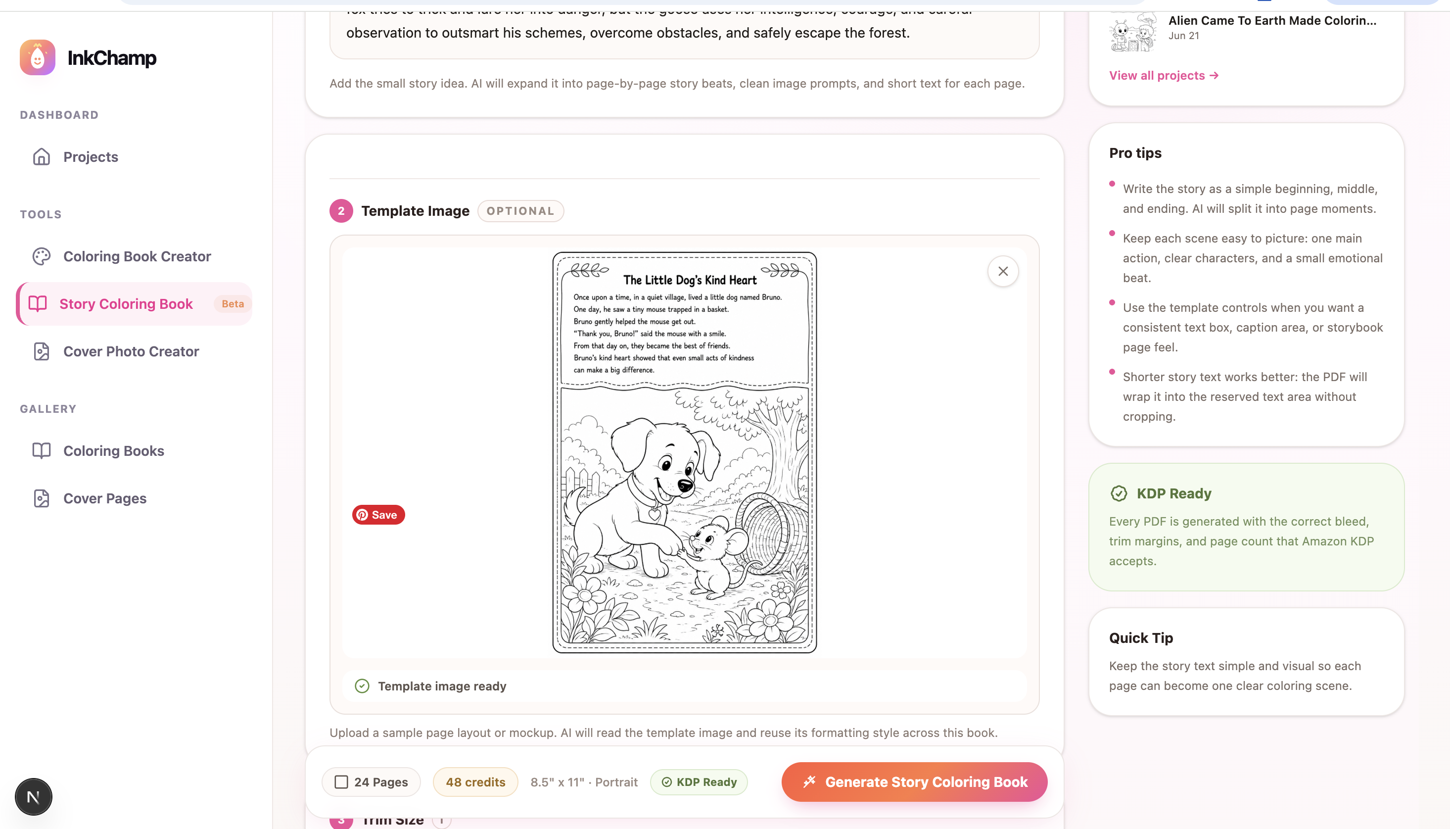 Template image uploaded in InkChamps for a story coloring book page layout