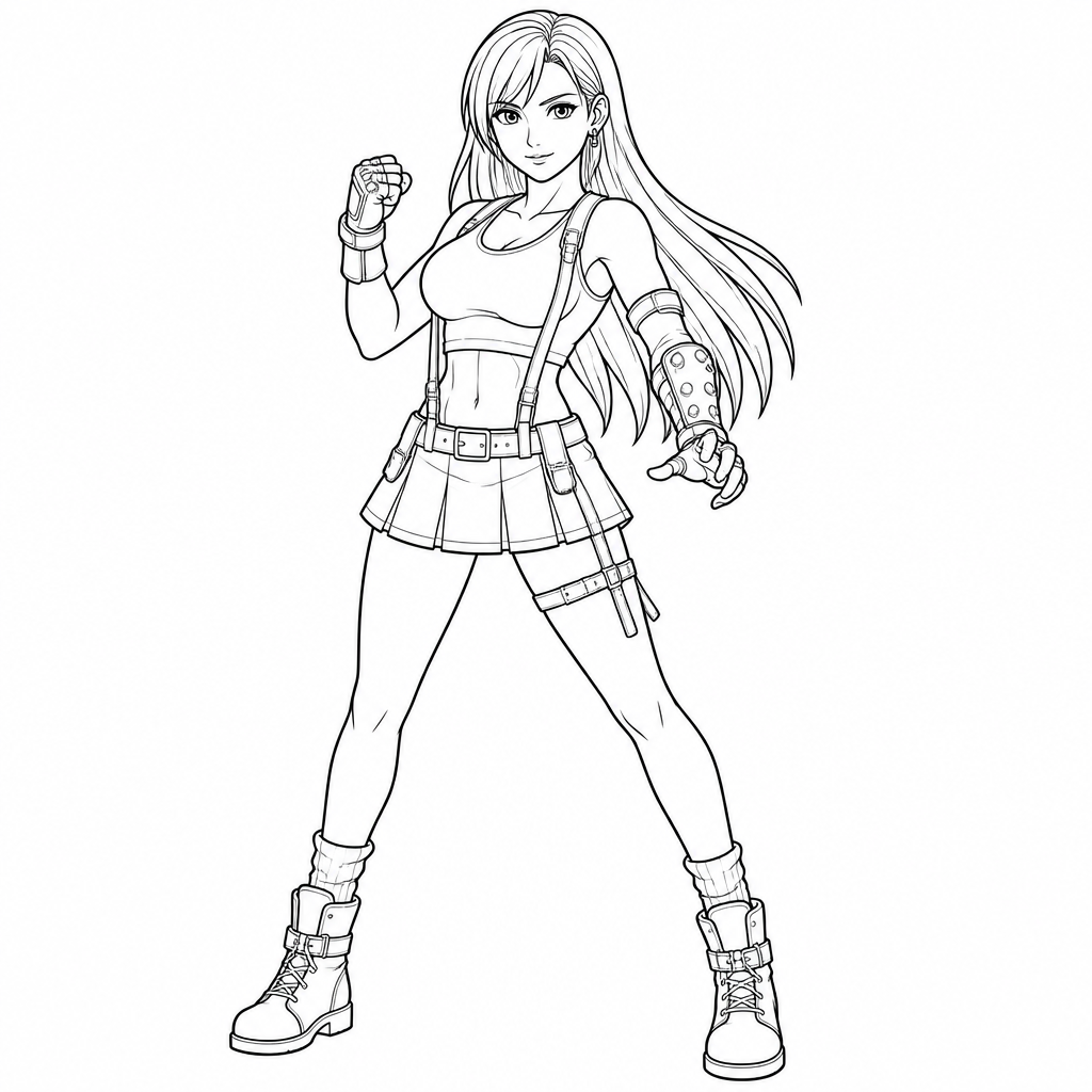 Sample cosplay coloring page line art: cosplayer in Final Fantasy VII-inspired outfit, standing pose with raised fist