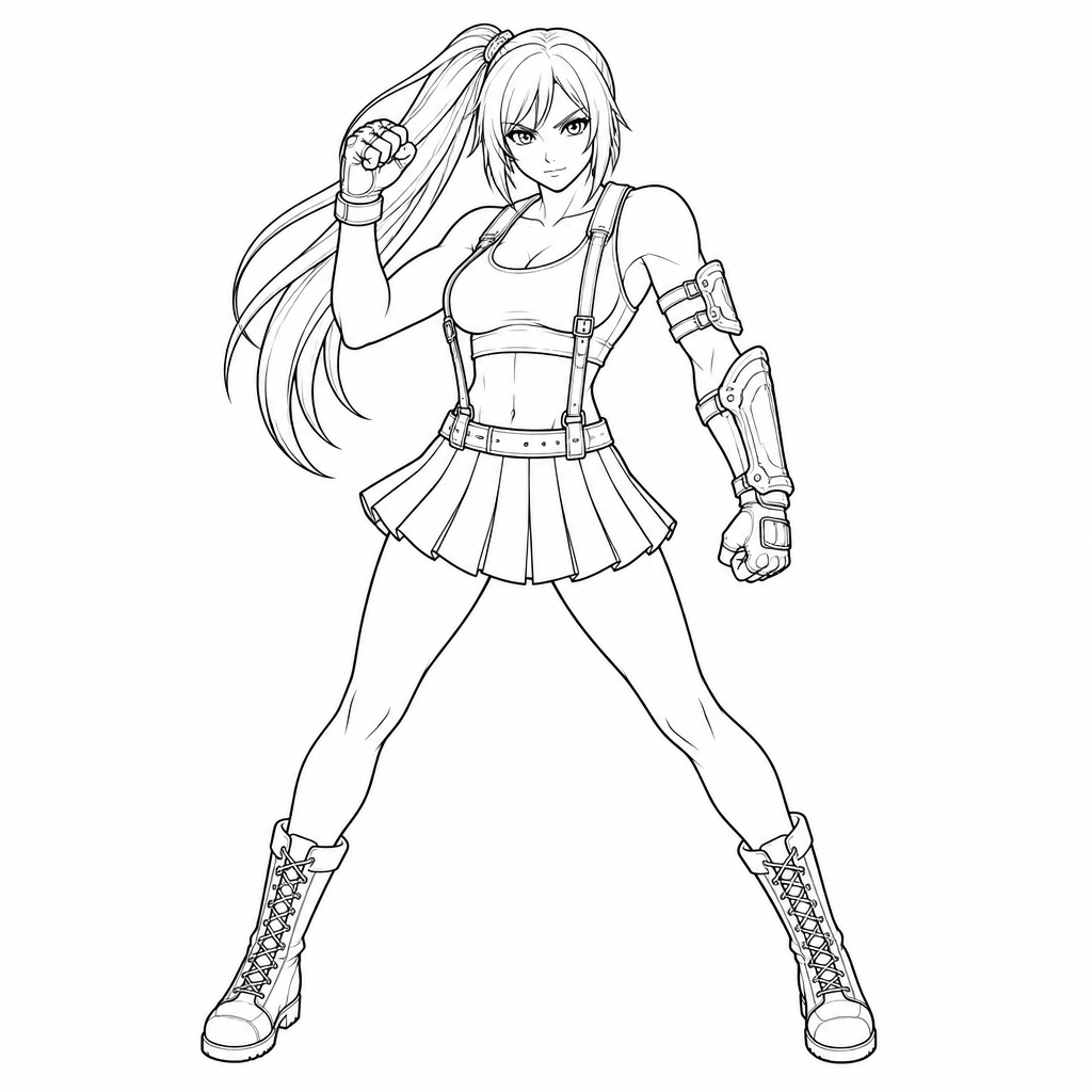 Sample cosplay coloring page line art: cosplayer in a dynamic fighting stance with one armored arm guard
