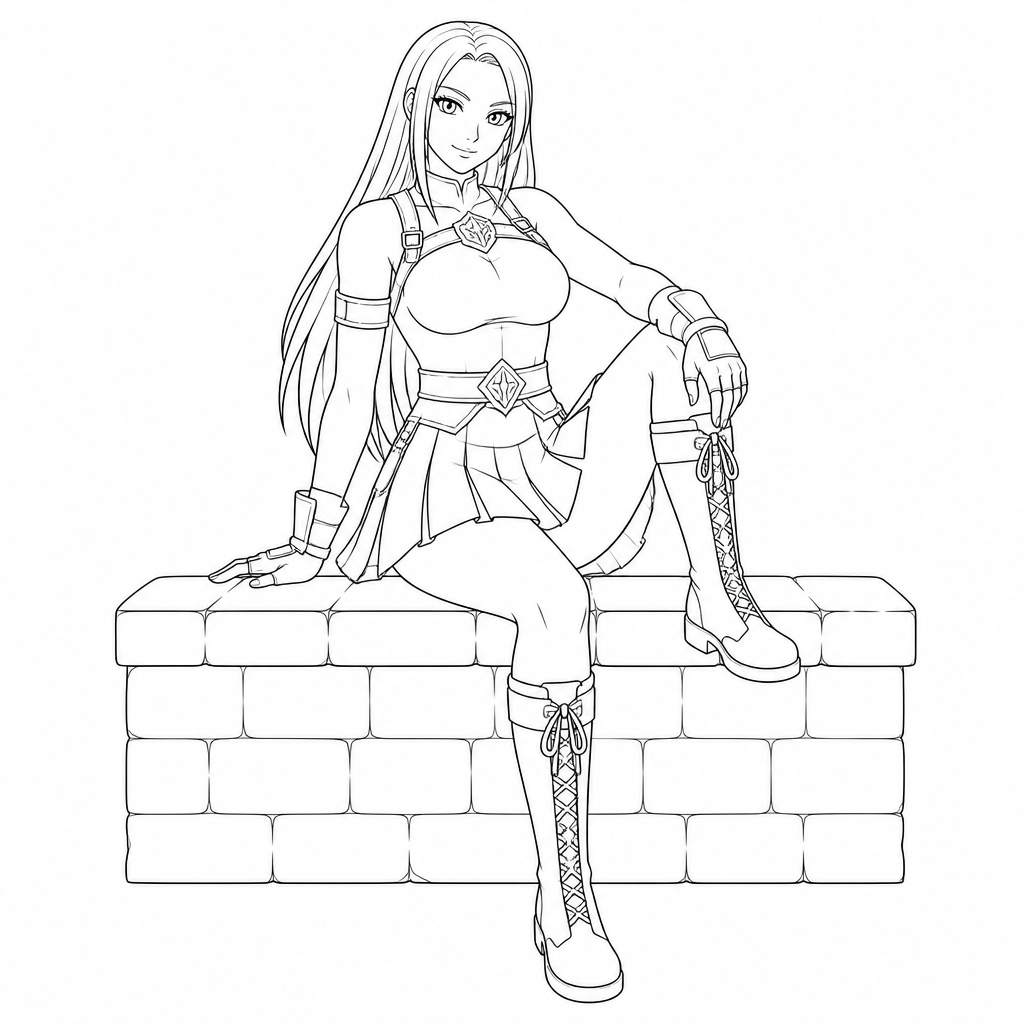 Sample cosplay coloring page line art: cosplayer in a relaxed seated pose on a low wall