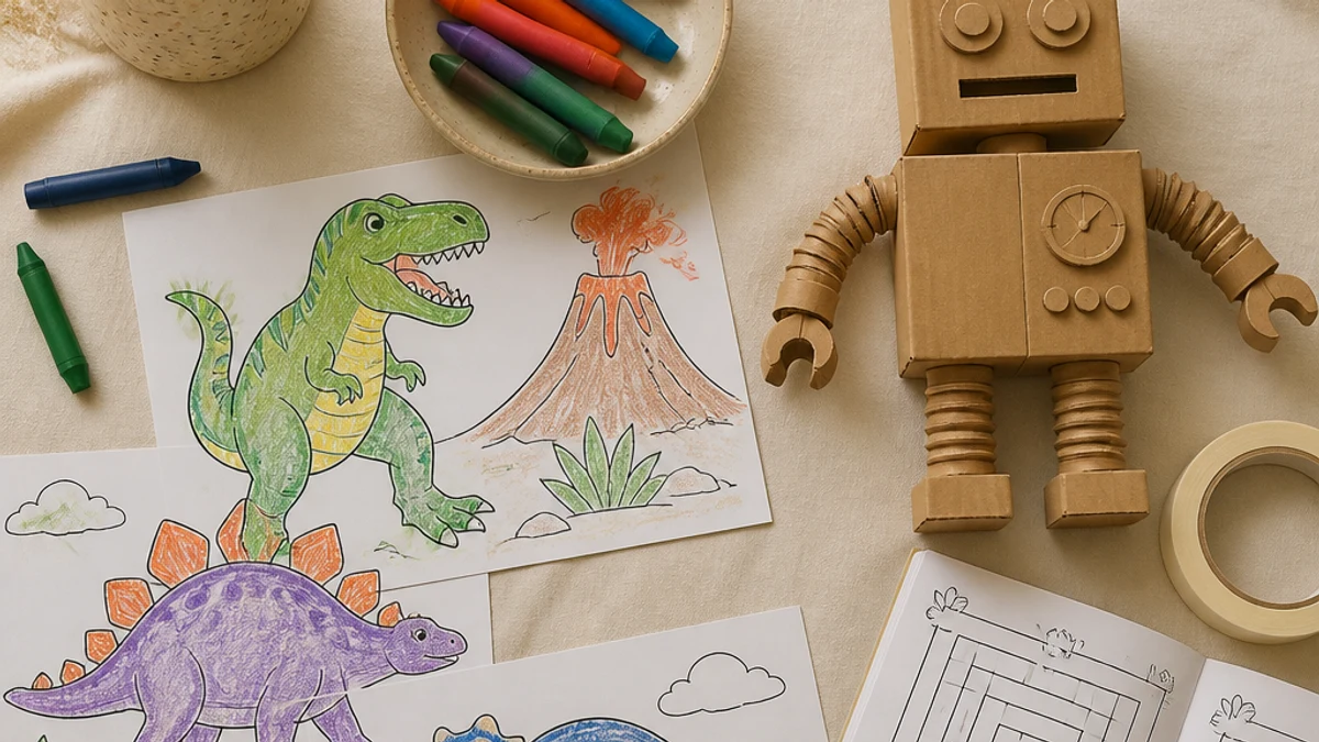 A weekend activity table at home with dinosaur coloring pages, crayons, a cardboard robot, masking tape, and an open maze booklet