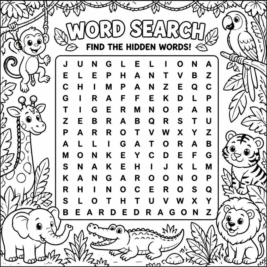 Jungle word search puzzle page created with InkChamps