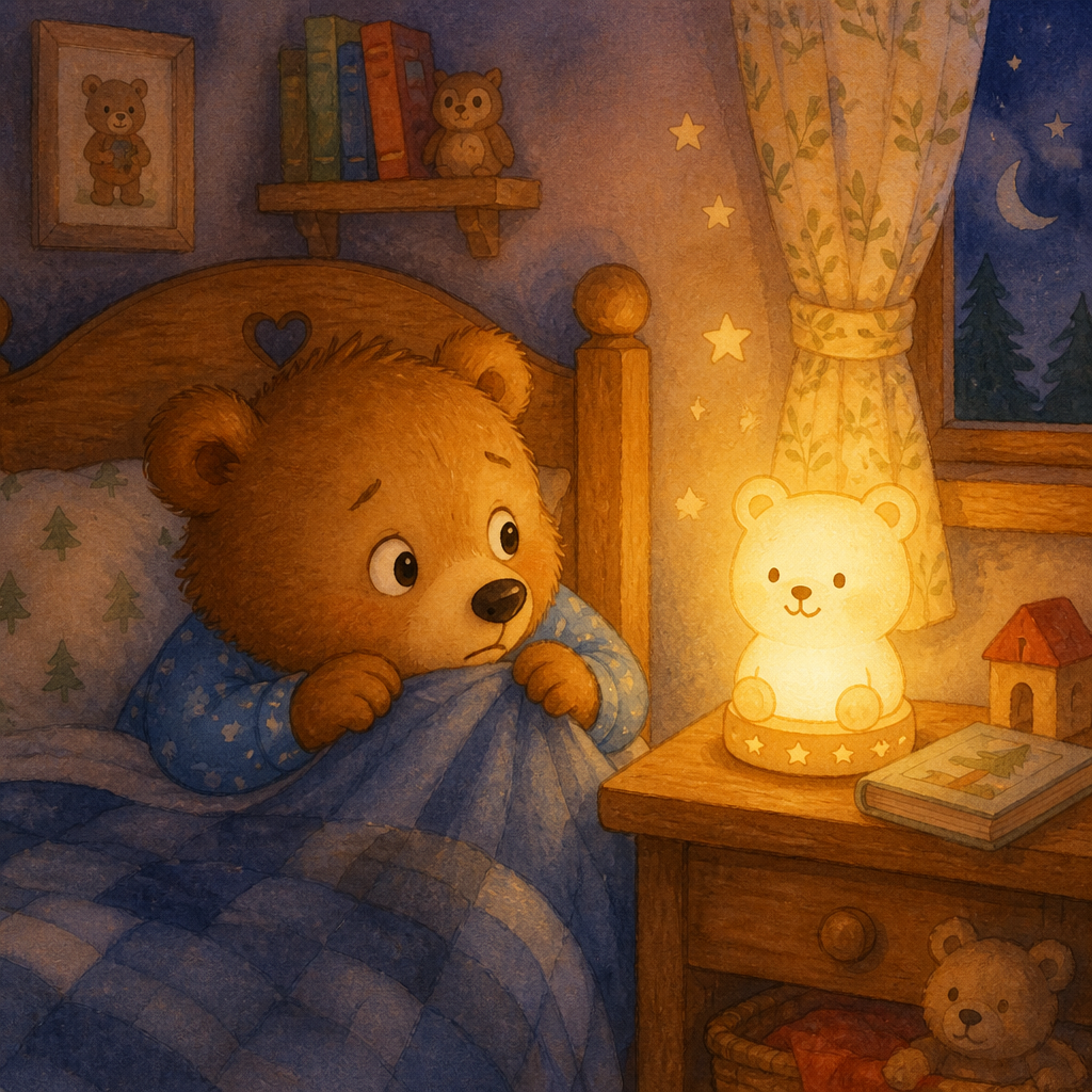 Illustrated storybook page of a bear cub and a nightlight created with InkChamps