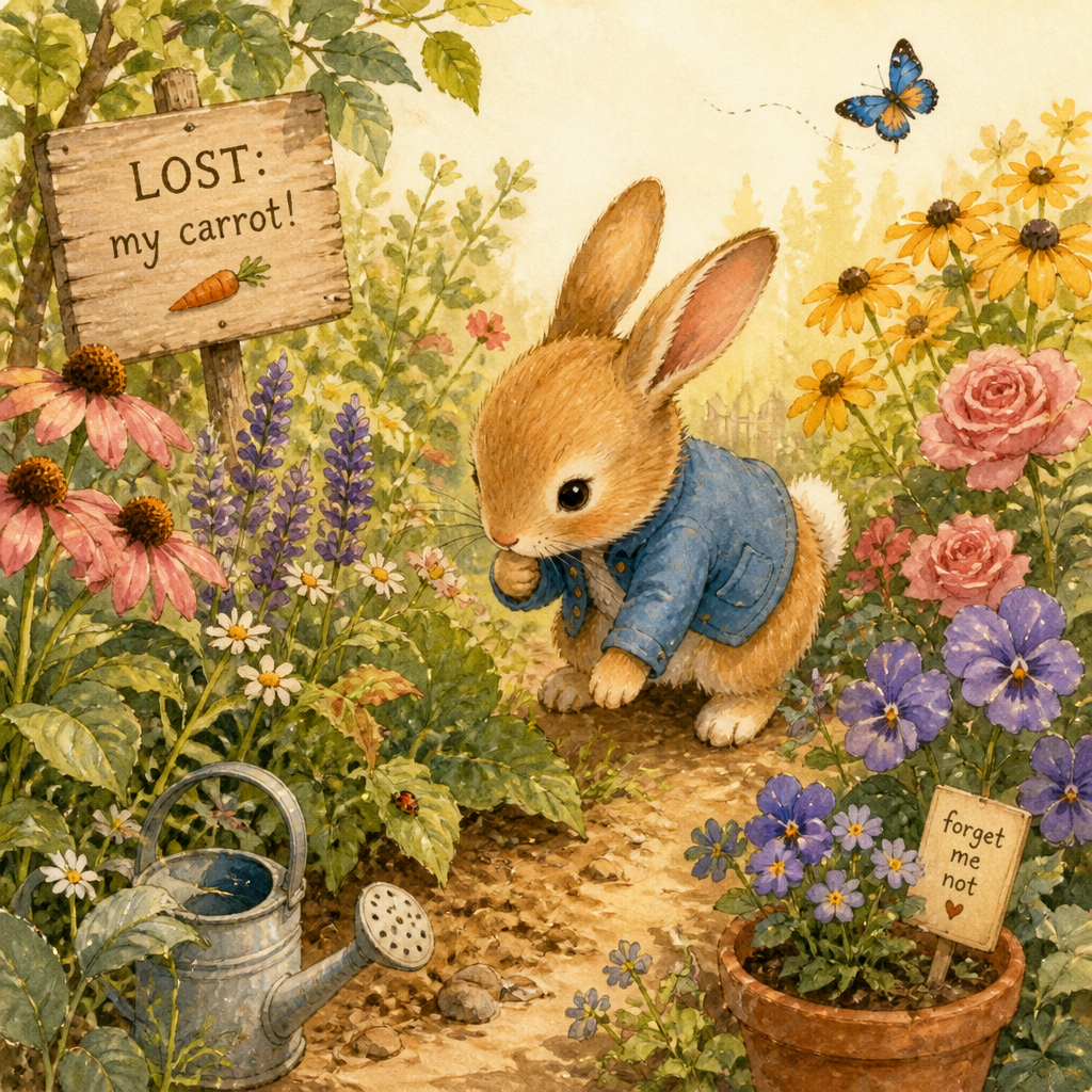 Illustrated storybook page of a bunny in a garden created with InkChamps