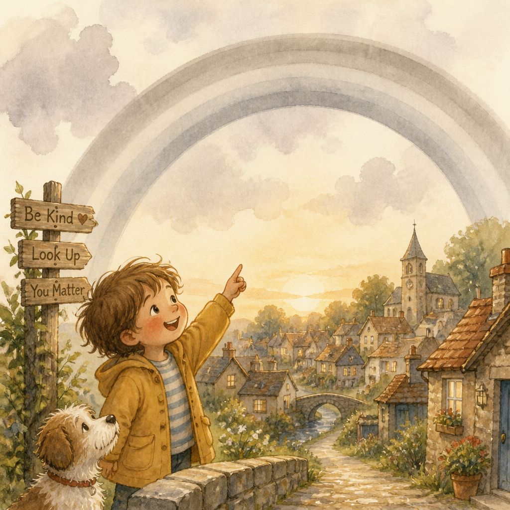 Illustrated storybook page of a child and a rainbow over a village created with InkChamps