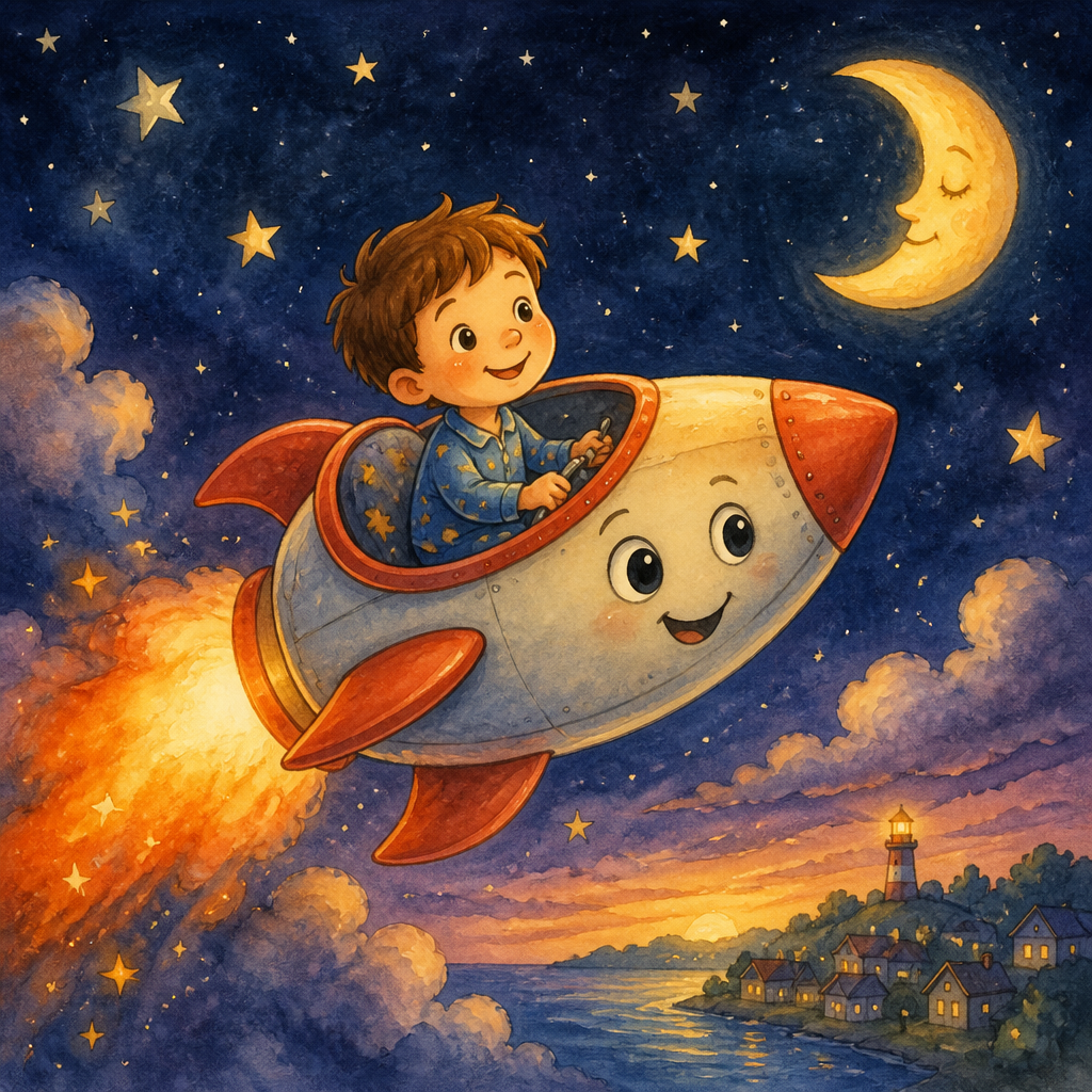 Illustrated storybook page of a boy flying a rocket ship created with InkChamps