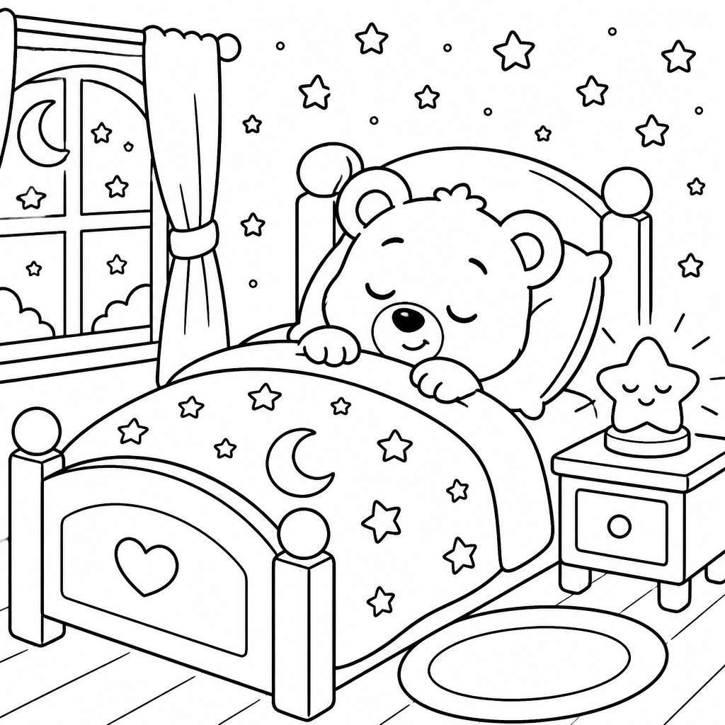 Sleepy bear cub bedtime coloring page created with InkChamps