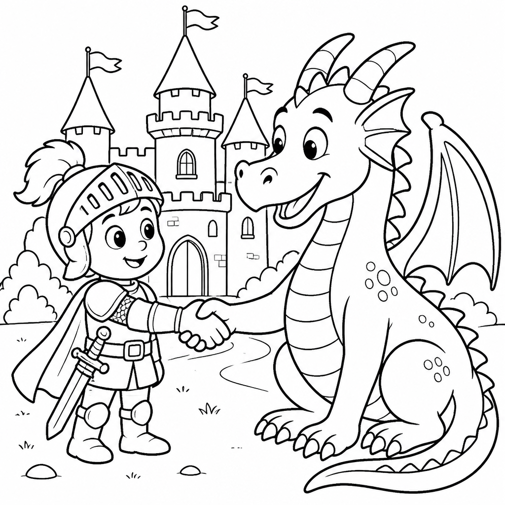 Knight and dragon coloring page created with InkChamps