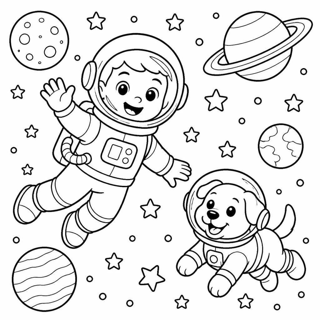 Astronaut and space dog coloring page created with InkChamps