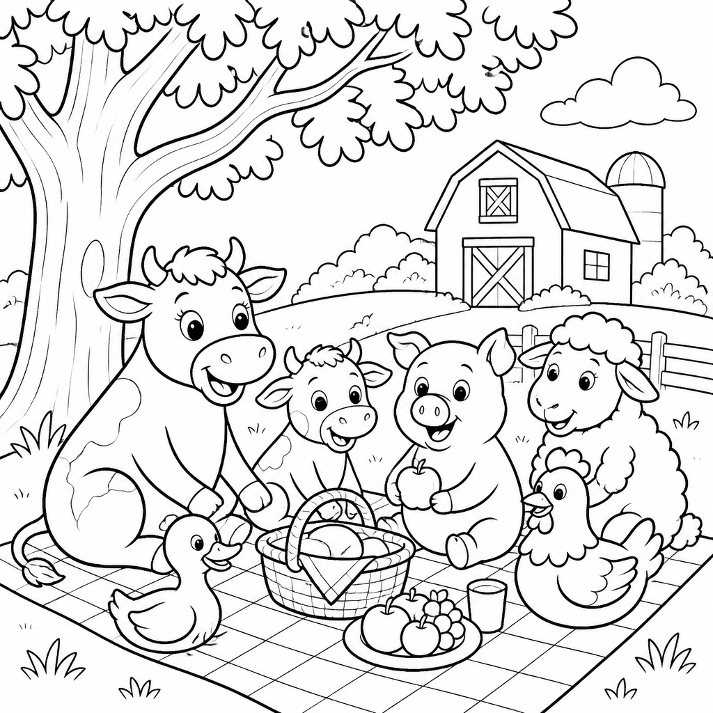 Farm animals picnic coloring page created with InkChamps