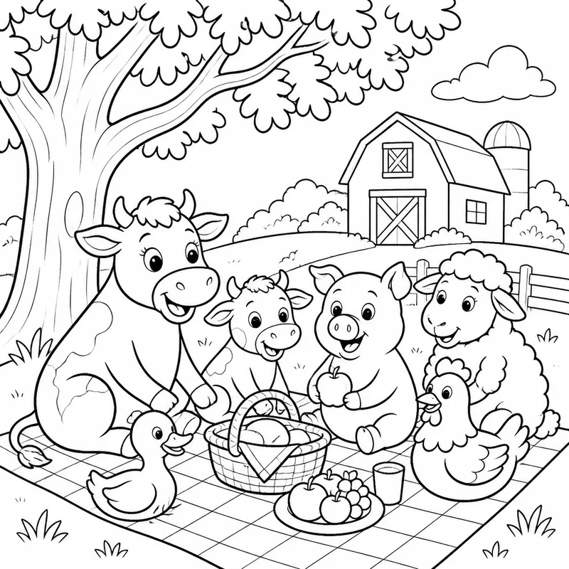 Farm animals picnic coloring page created with InkChamps